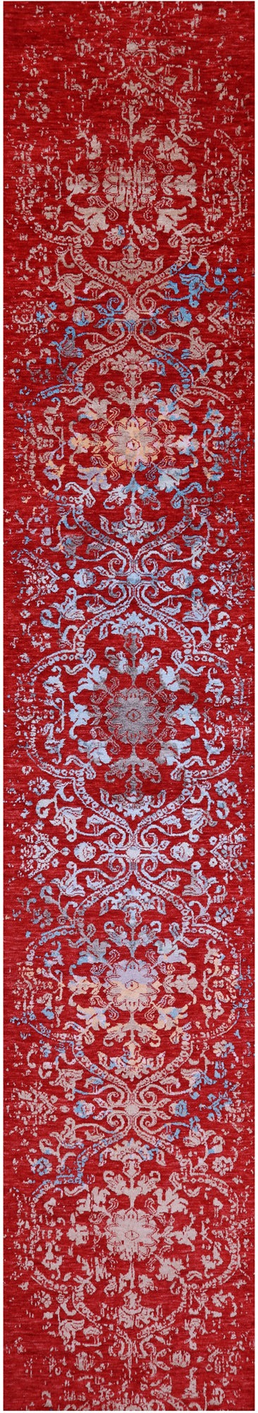 Red Modern Hand Knotted Wool & Silk Runner Rug - 2' 6" X 14' 2" - Golden Nile