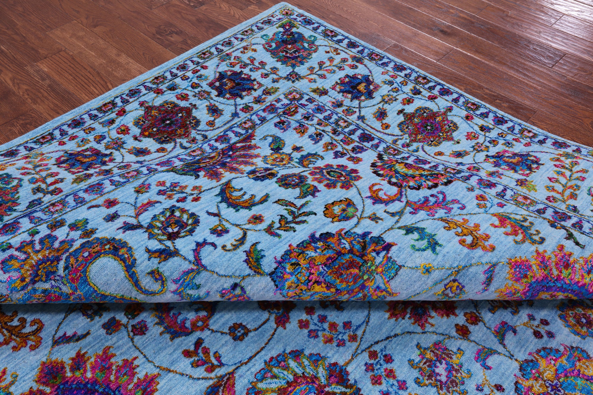 Blue Persian Hand Knotted Wool & Silk Rug - 9' 0" X 12' 3" - Golden Nile