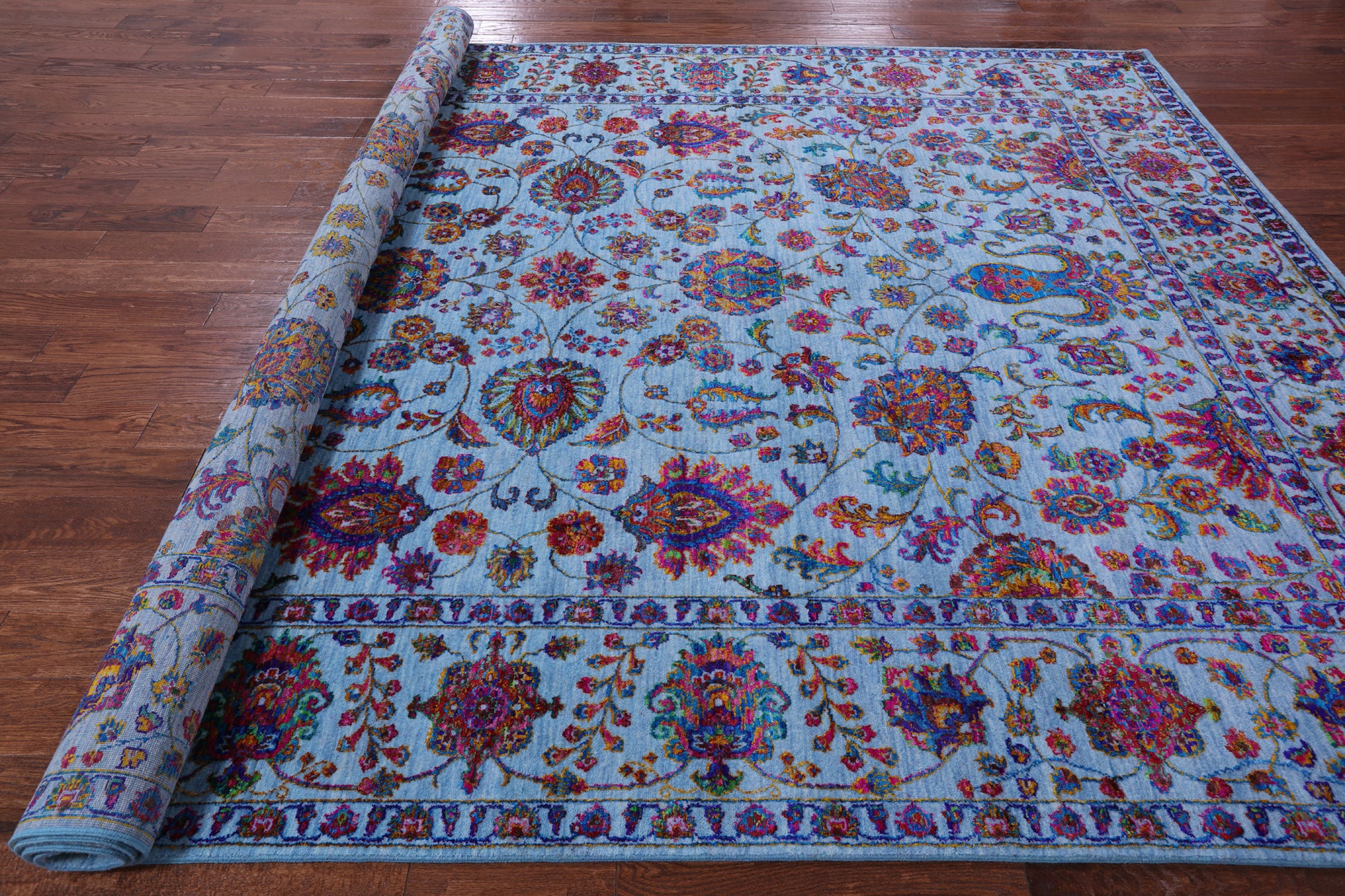 Blue Persian Hand Knotted Wool & Silk Rug - 9' 0" X 12' 3" - Golden Nile