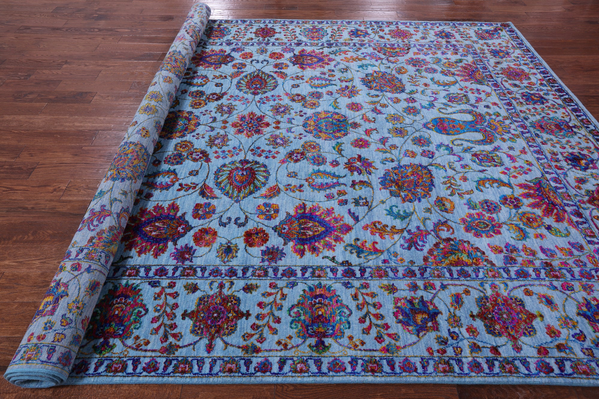 Blue Persian Hand Knotted Wool & Silk Rug - 9' 0" X 12' 3" - Golden Nile