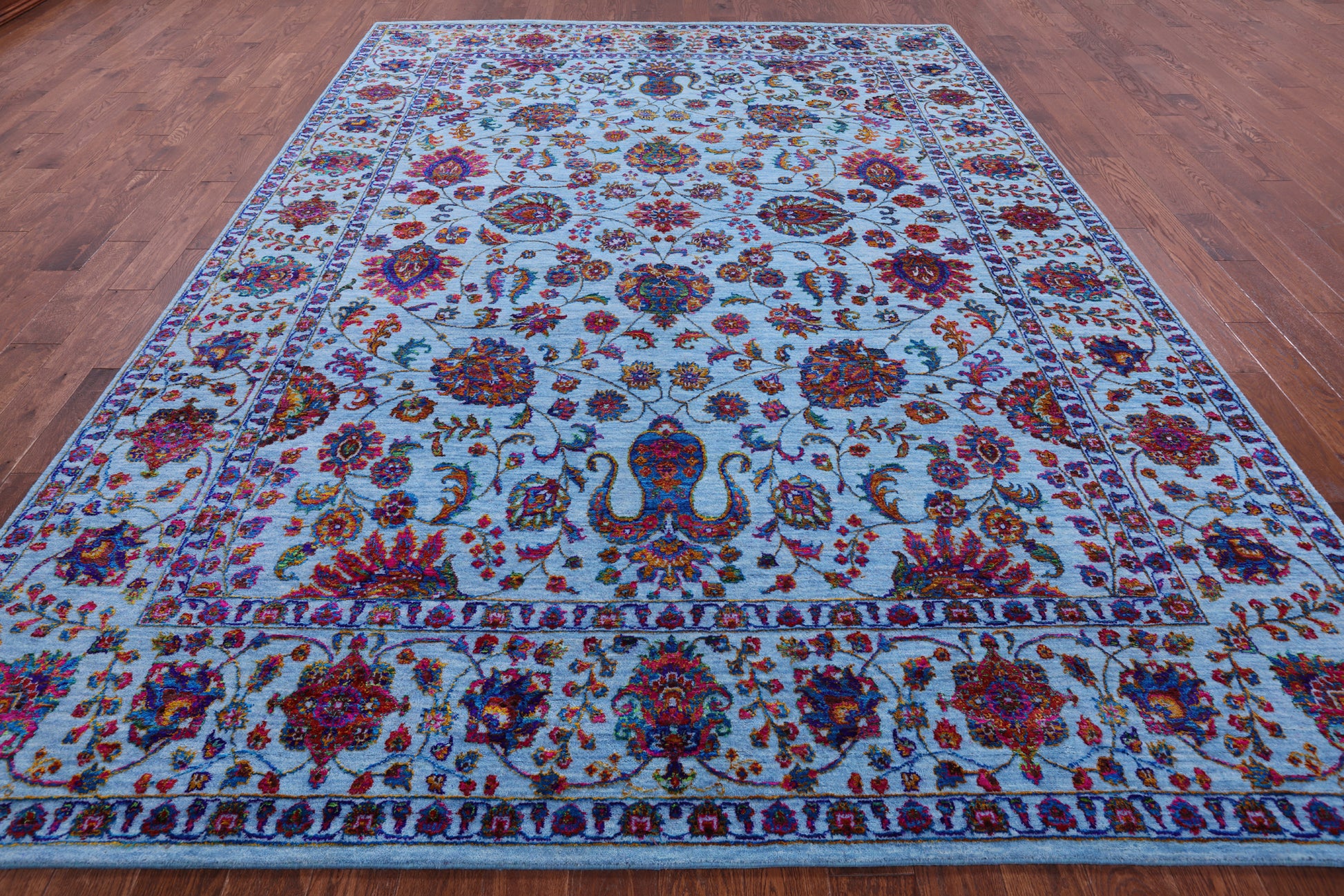 Blue Persian Hand Knotted Wool & Silk Rug - 9' 0" X 12' 3" - Golden Nile