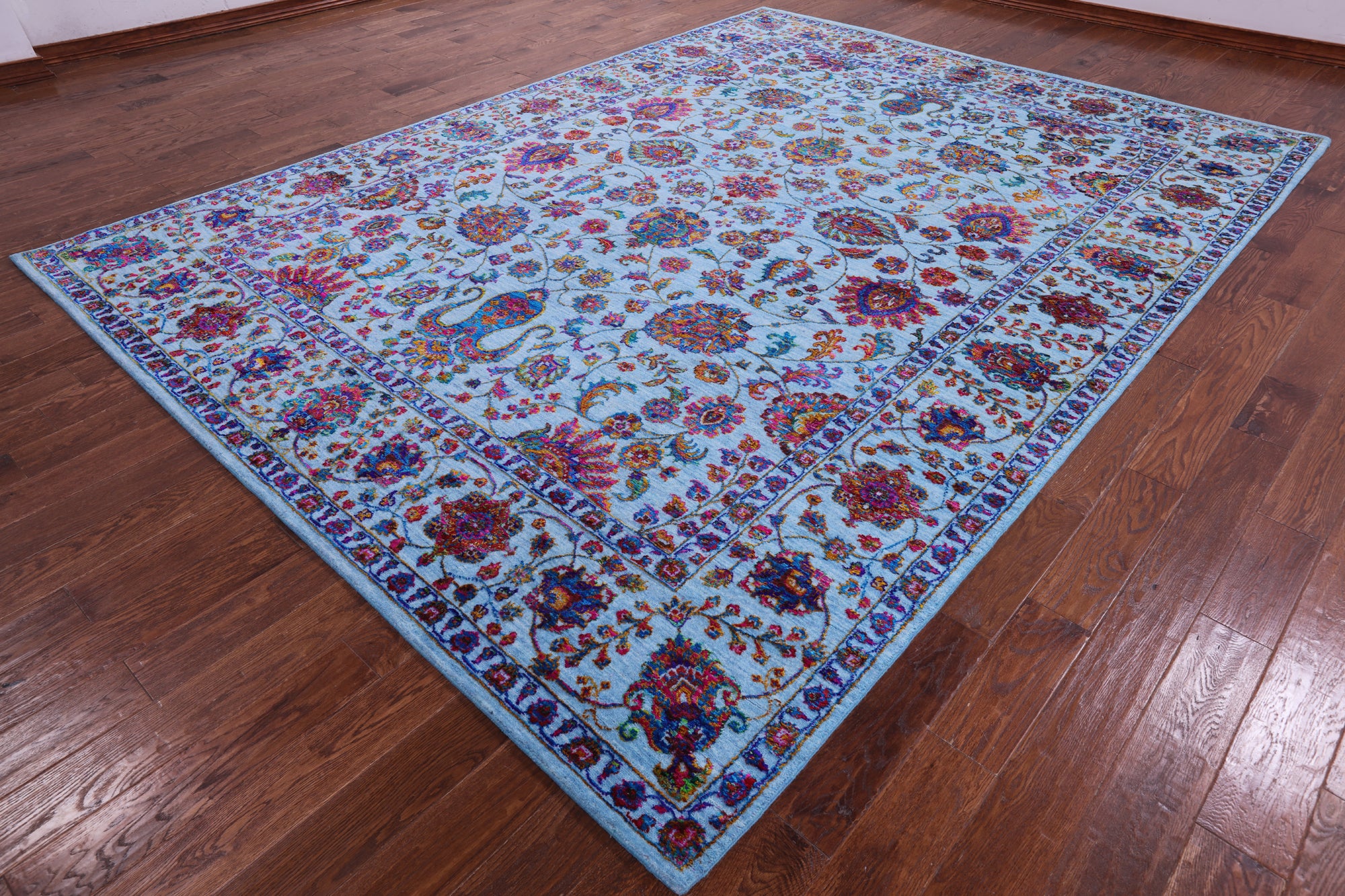 Blue Persian Hand Knotted Wool & Silk Rug - 9' 0" X 12' 3" - Golden Nile