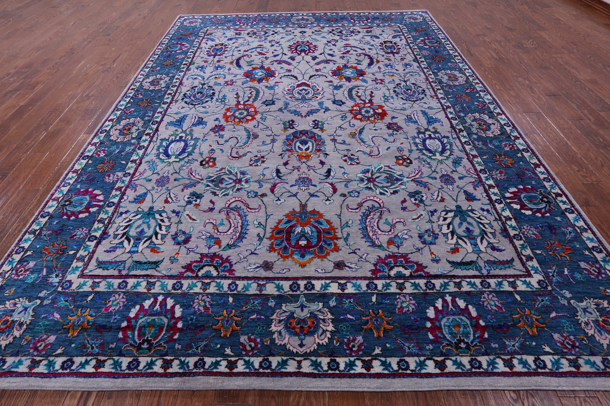 Grey Persian Hand Knotted Wool & Silk Rug - 9' 0" X 12' 2" - Golden Nile