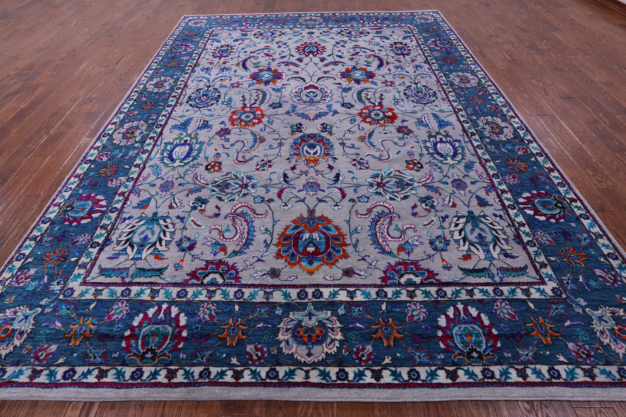 Grey Persian Hand Knotted Wool & Silk Rug - 9' 0" X 12' 2" - Golden Nile