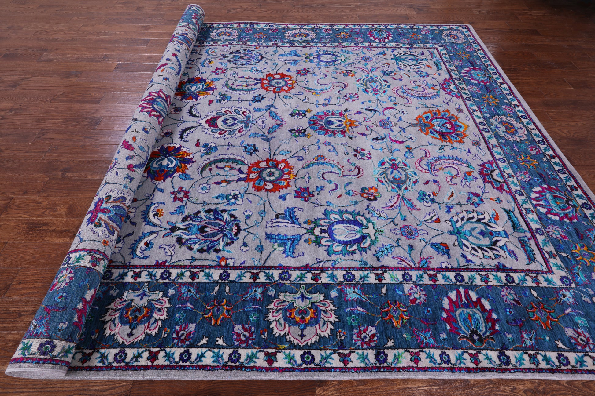 Grey Persian Hand Knotted Wool & Silk Rug - 9' 0" X 12' 2" - Golden Nile