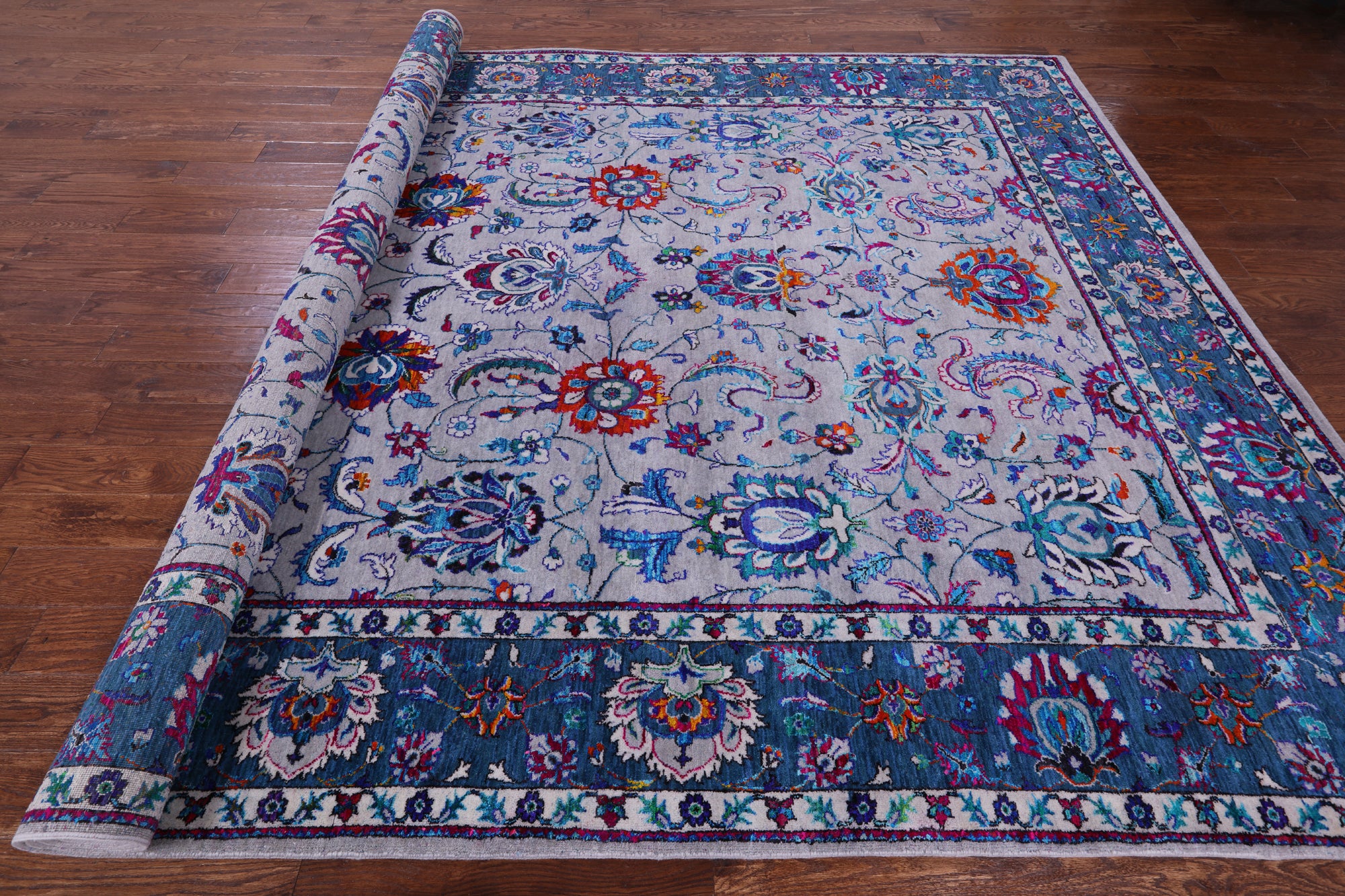 Grey Persian Hand Knotted Wool & Silk Rug - 9' 0" X 12' 2" - Golden Nile