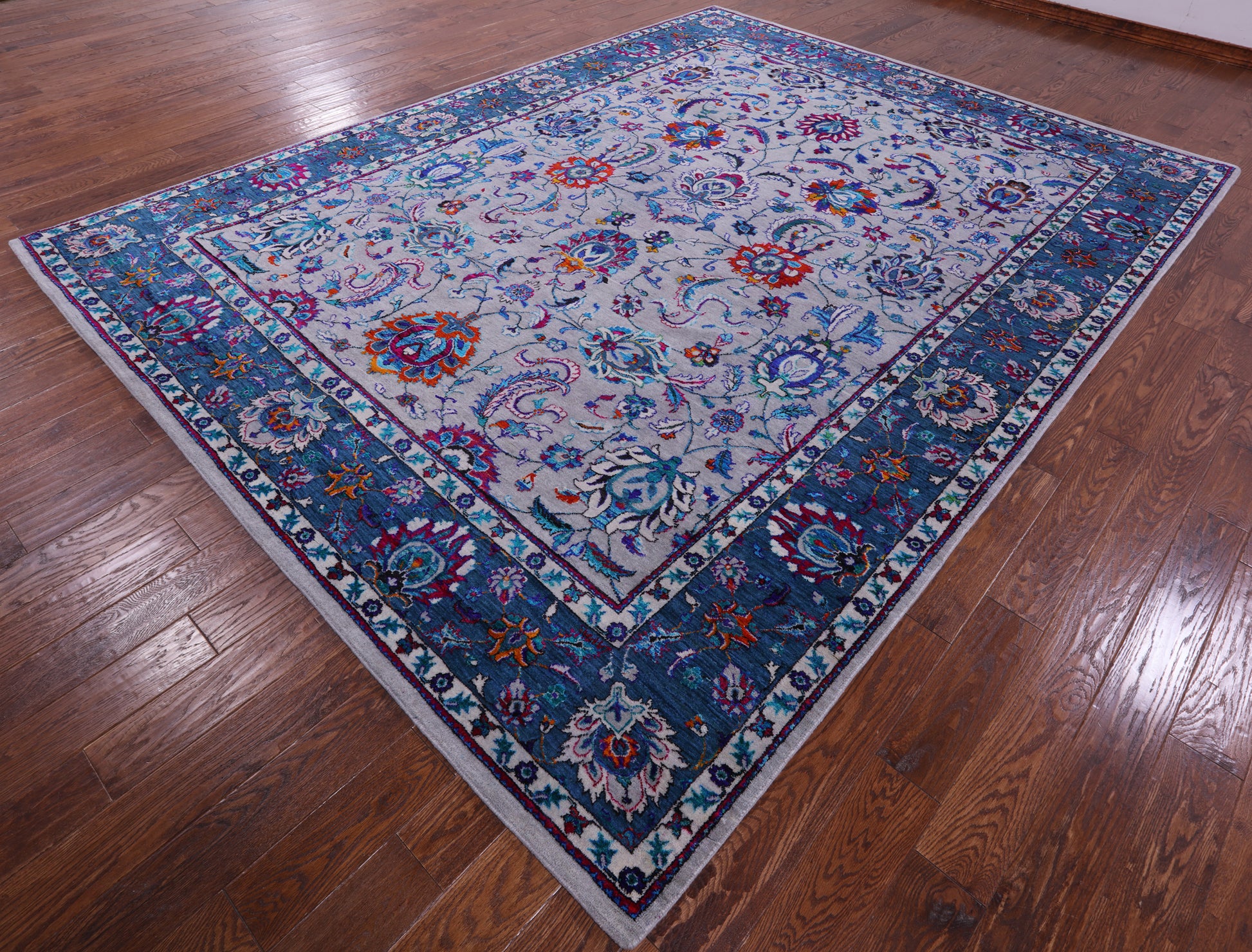 Grey Persian Hand Knotted Wool & Silk Rug - 9' 0" X 12' 2" - Golden Nile