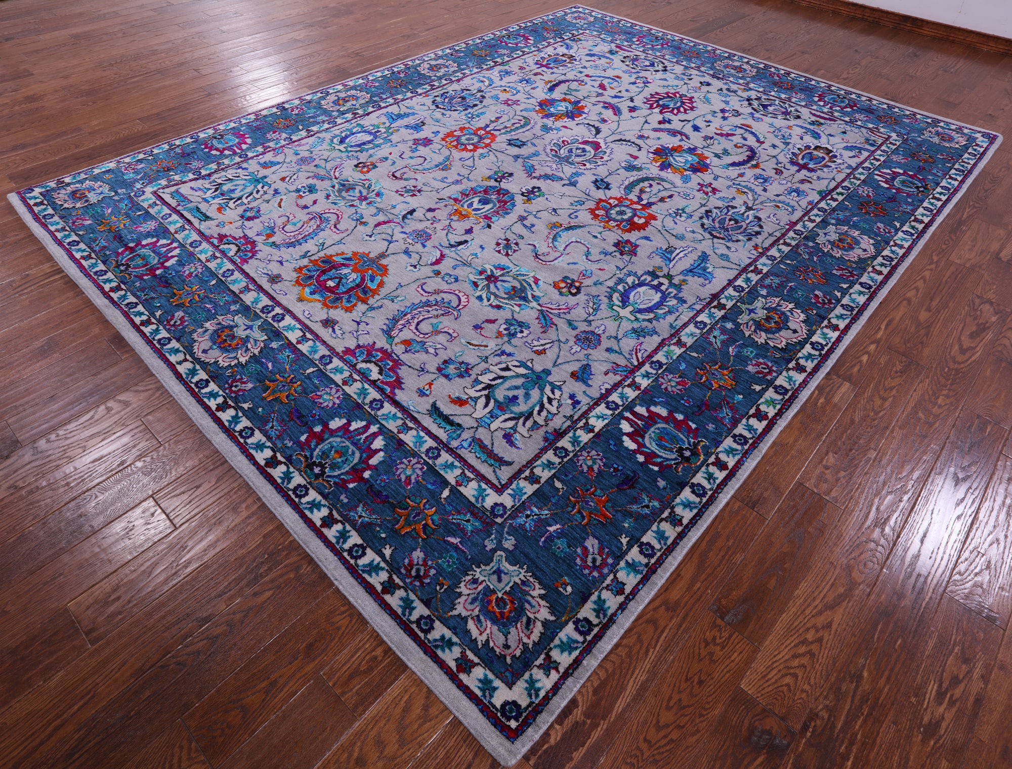 Grey Persian Hand Knotted Wool & Silk Rug - 9' 0" X 12' 2" - Golden Nile