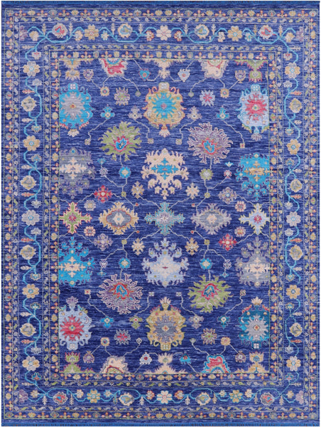 Blue Turkish Oushak Hand Knotted Wool Rug - 9' 2" X 12' 1" - Golden Nile