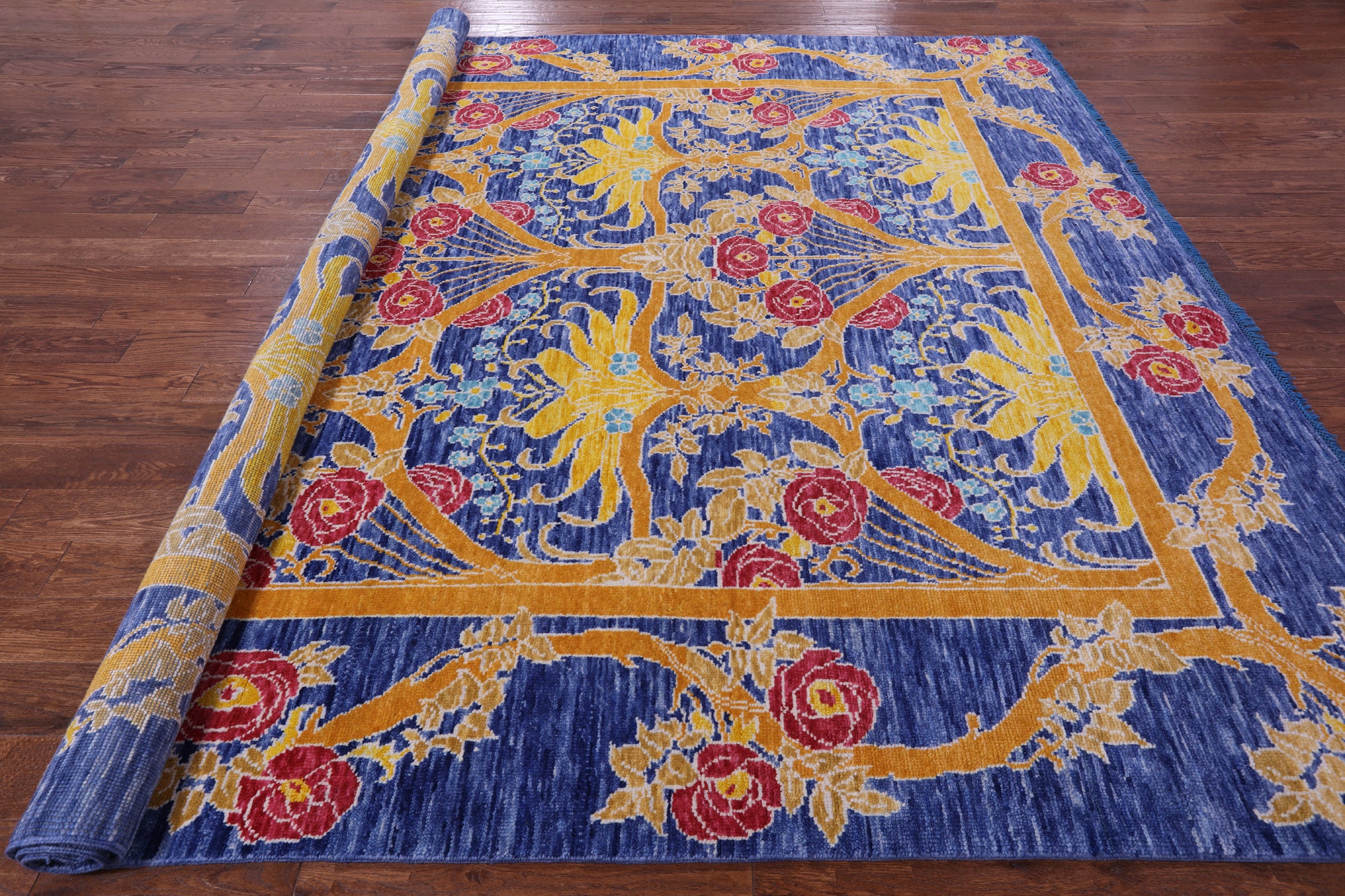 Blue Square William Morris Hand Knotted Wool Rug - 9' 10" X 10' 0" - Golden Nile