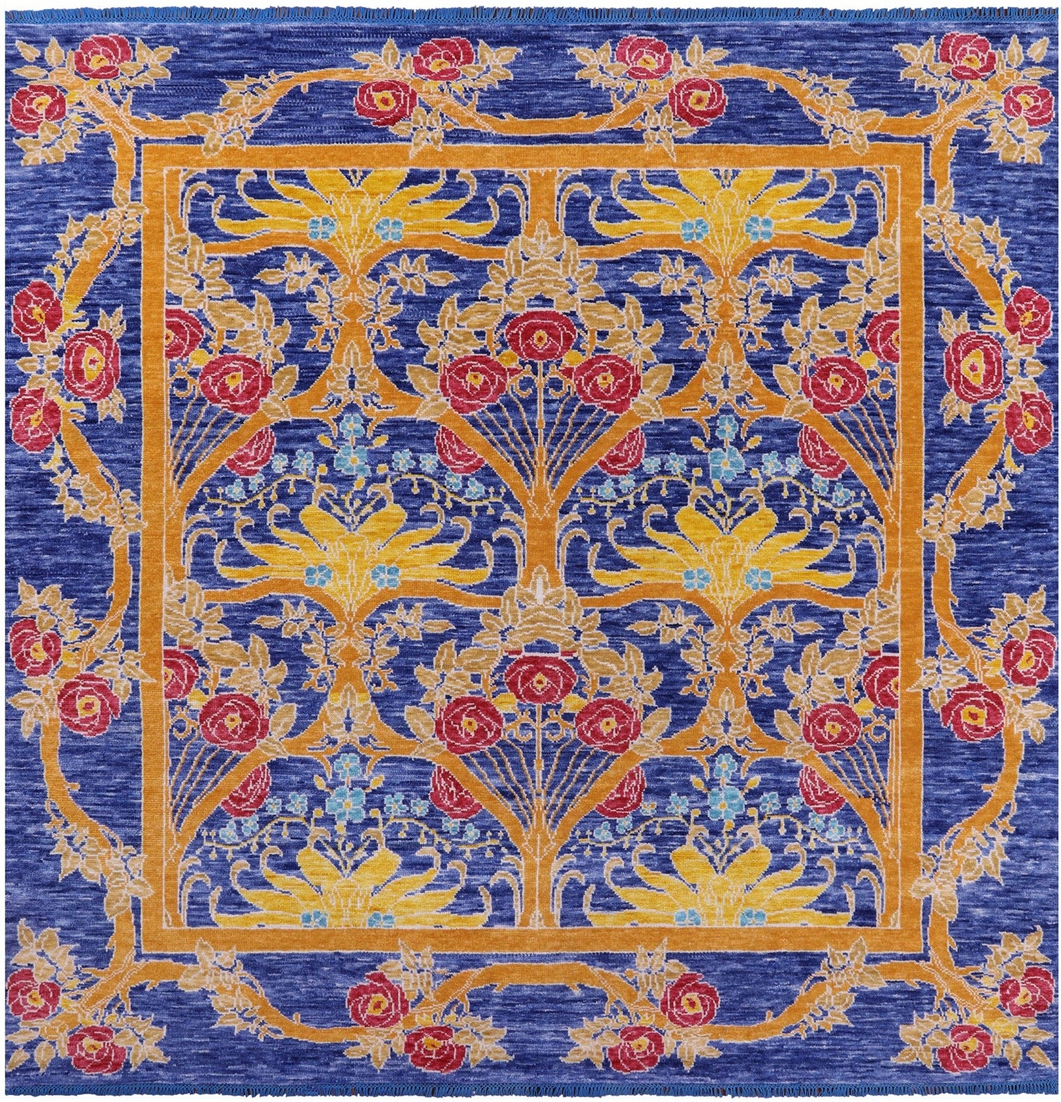 Blue Square William Morris Hand Knotted Wool Rug - 9' 10" X 10' 0" - Golden Nile