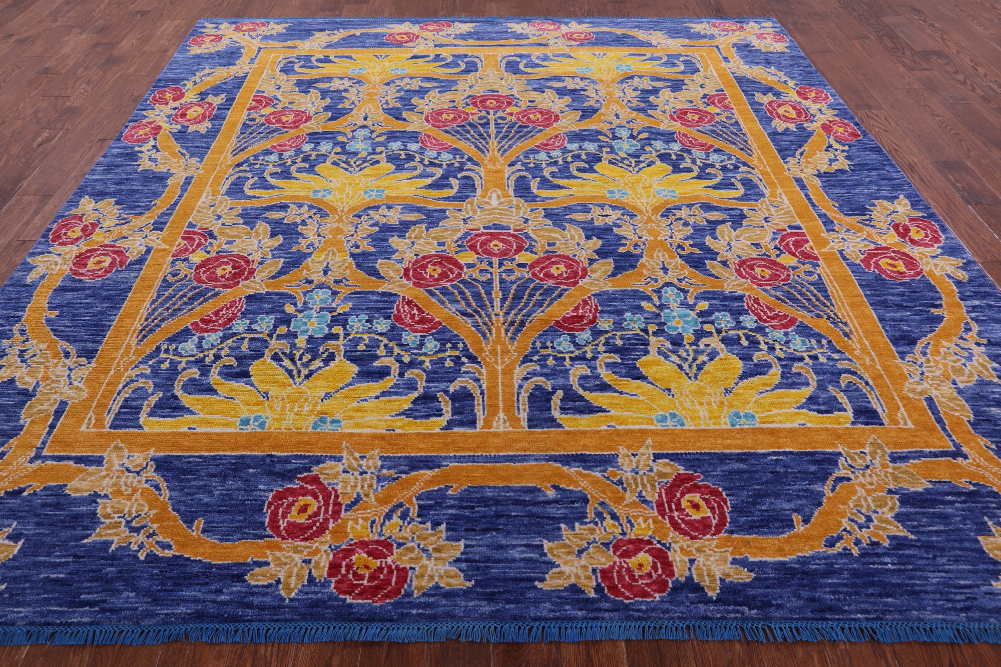 Blue Square William Morris Hand Knotted Wool Rug - 9' 10" X 10' 0" - Golden Nile