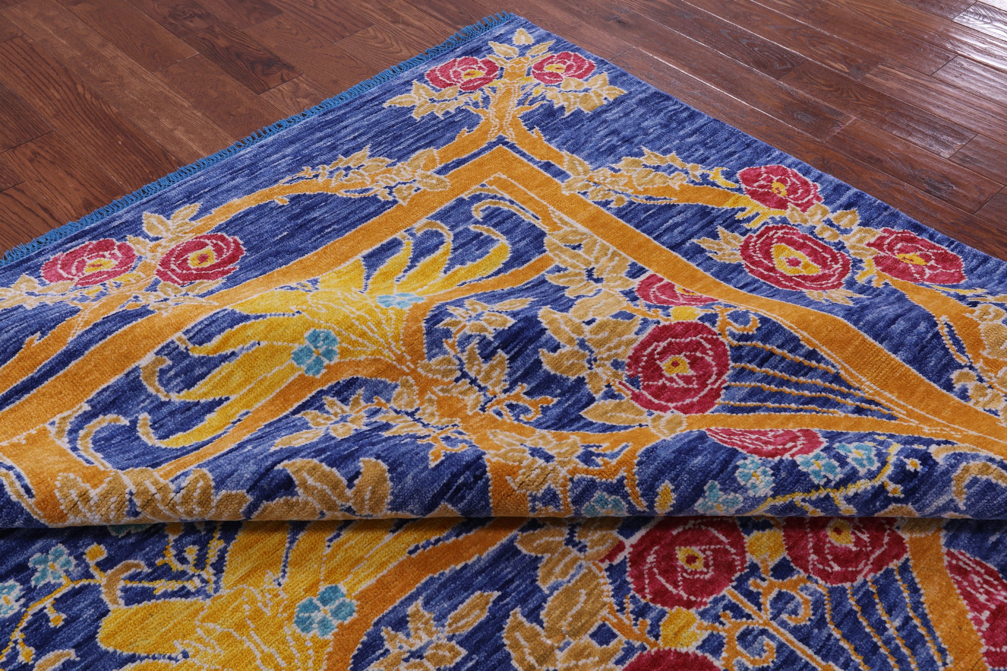 Blue Square William Morris Hand Knotted Wool Rug - 9' 10" X 10' 0" - Golden Nile