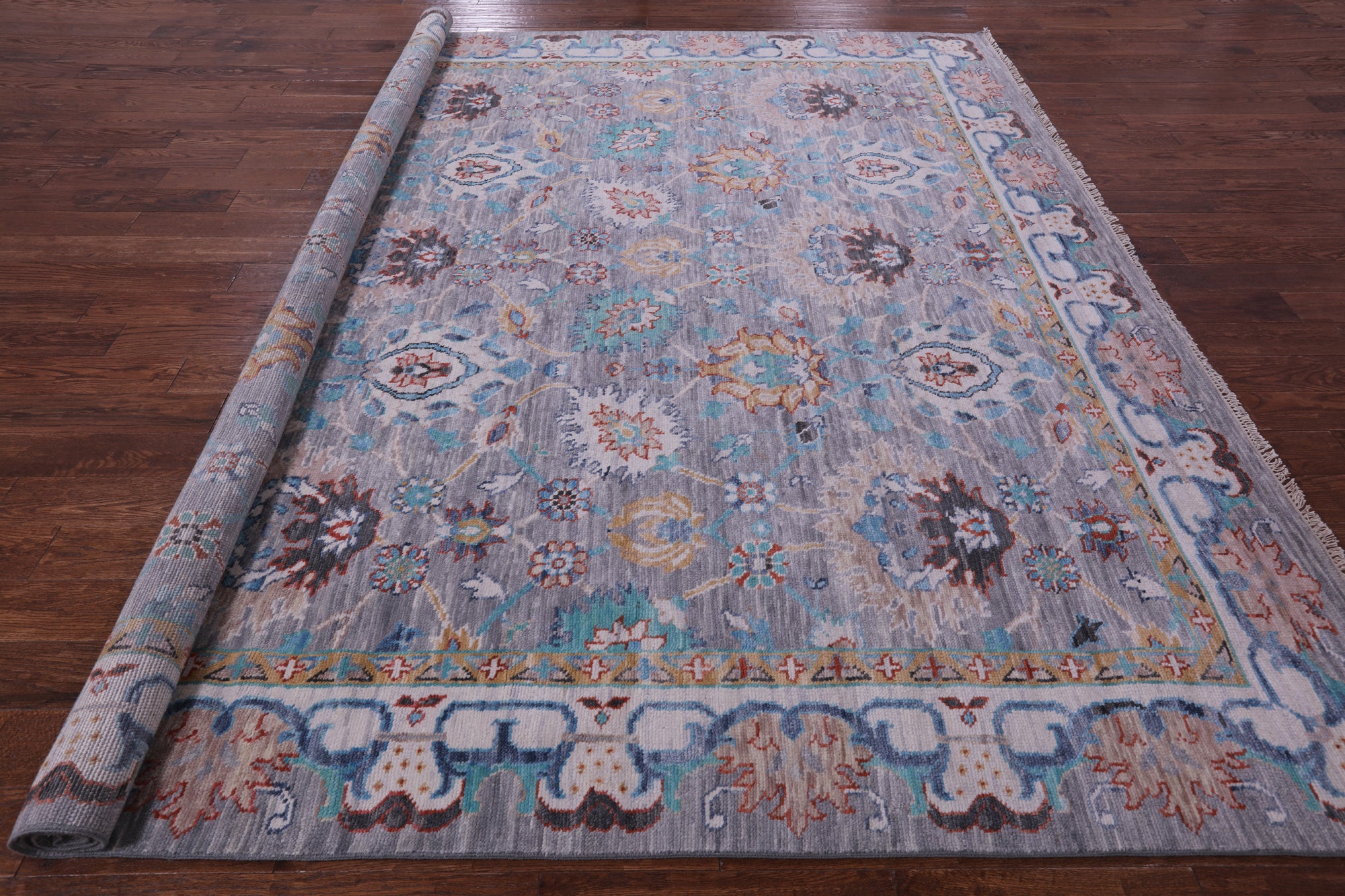 Grey Square William Morris Hand Knotted Wool Rug - 9' 11" X 10' 3" - Golden Nile