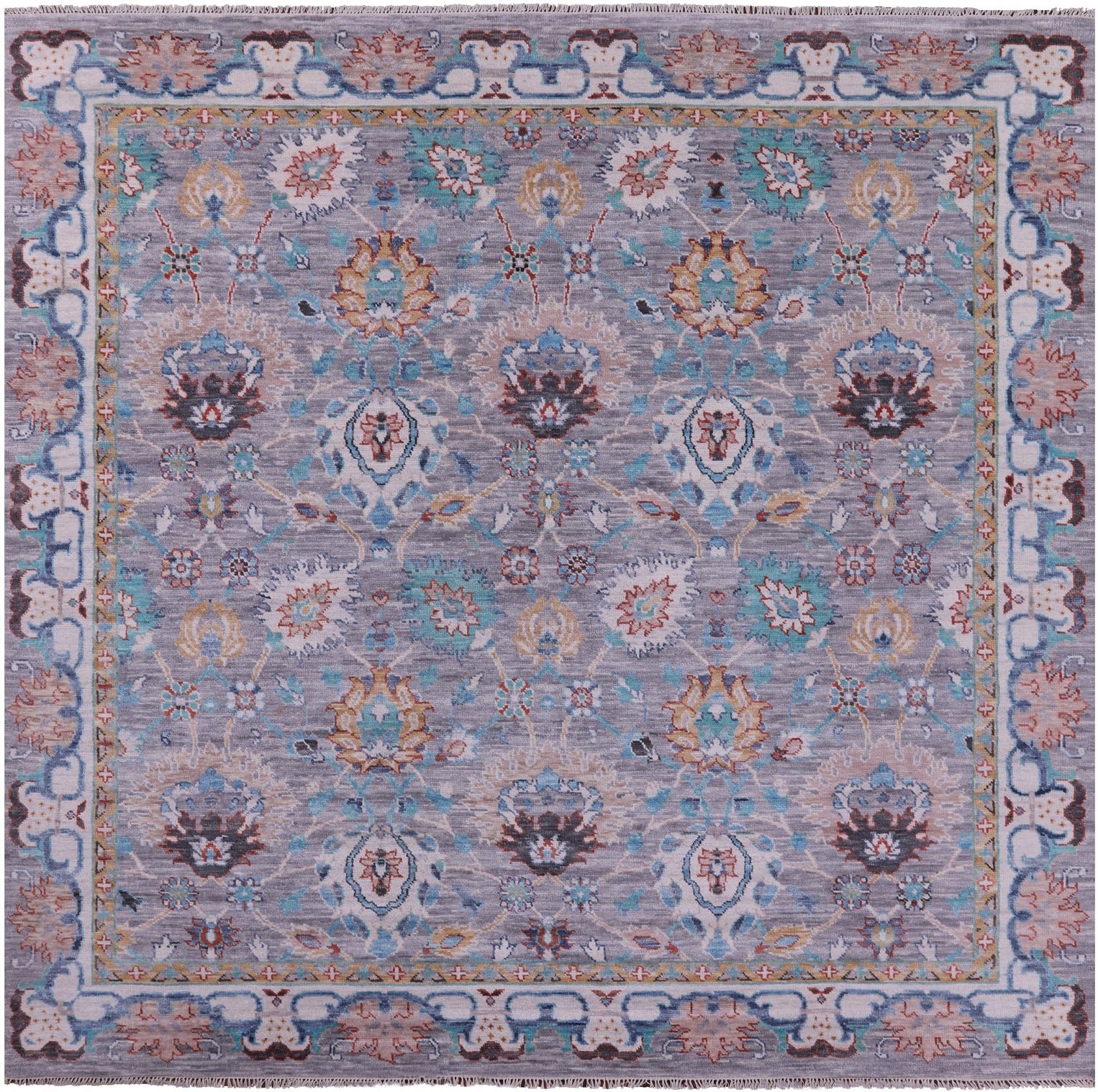 Grey Square William Morris Hand Knotted Wool Rug - 9' 11" X 10' 3" - Golden Nile