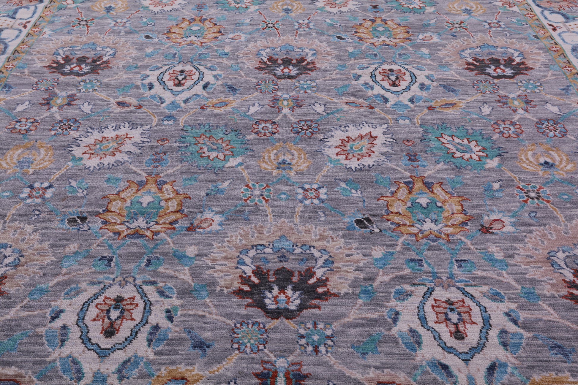 Grey Square William Morris Hand Knotted Wool Rug - 9' 11" X 10' 3" - Golden Nile