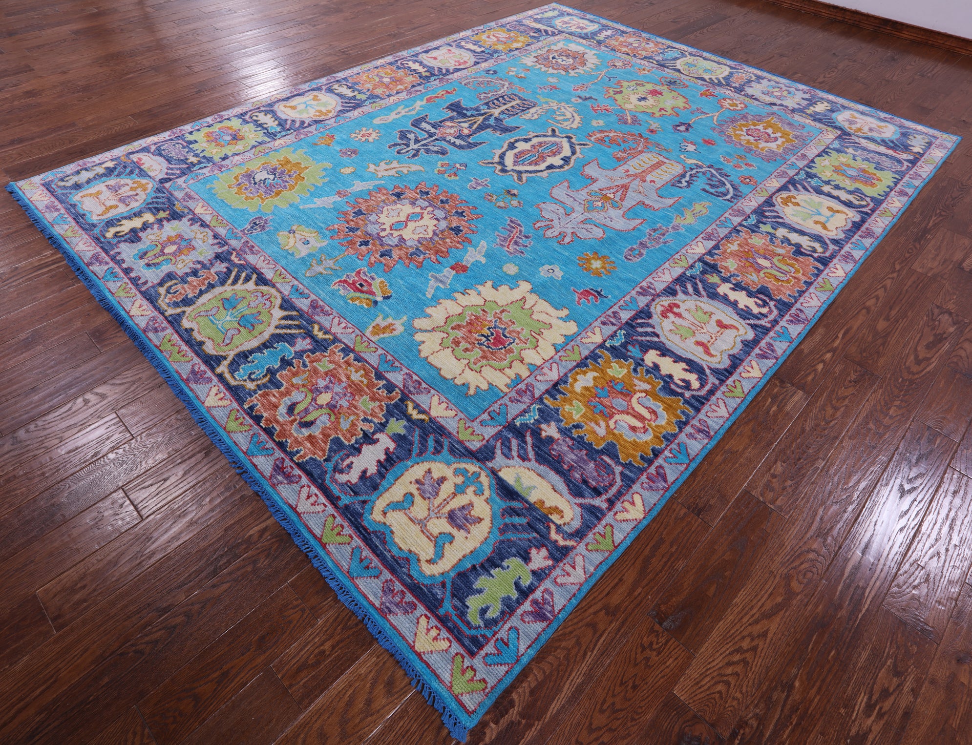 Blue Turkish Oushak Hand Knotted Wool Rug - 9' 1" X 11' 10" - Golden Nile