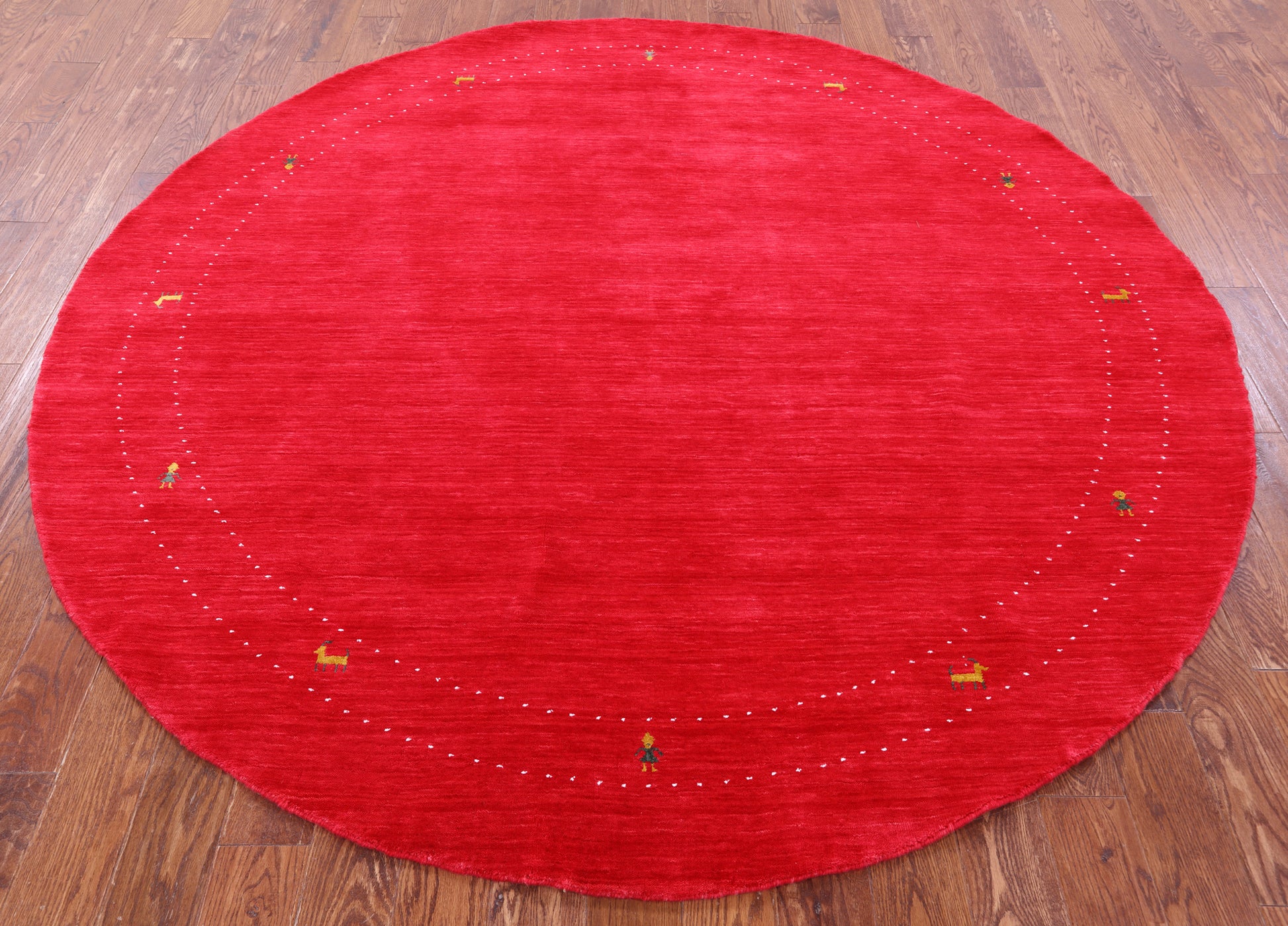 Red Round Persian Gabbeh Hand Knotted Wool Rug - 8' 0" X 8' 0" - Golden Nile
