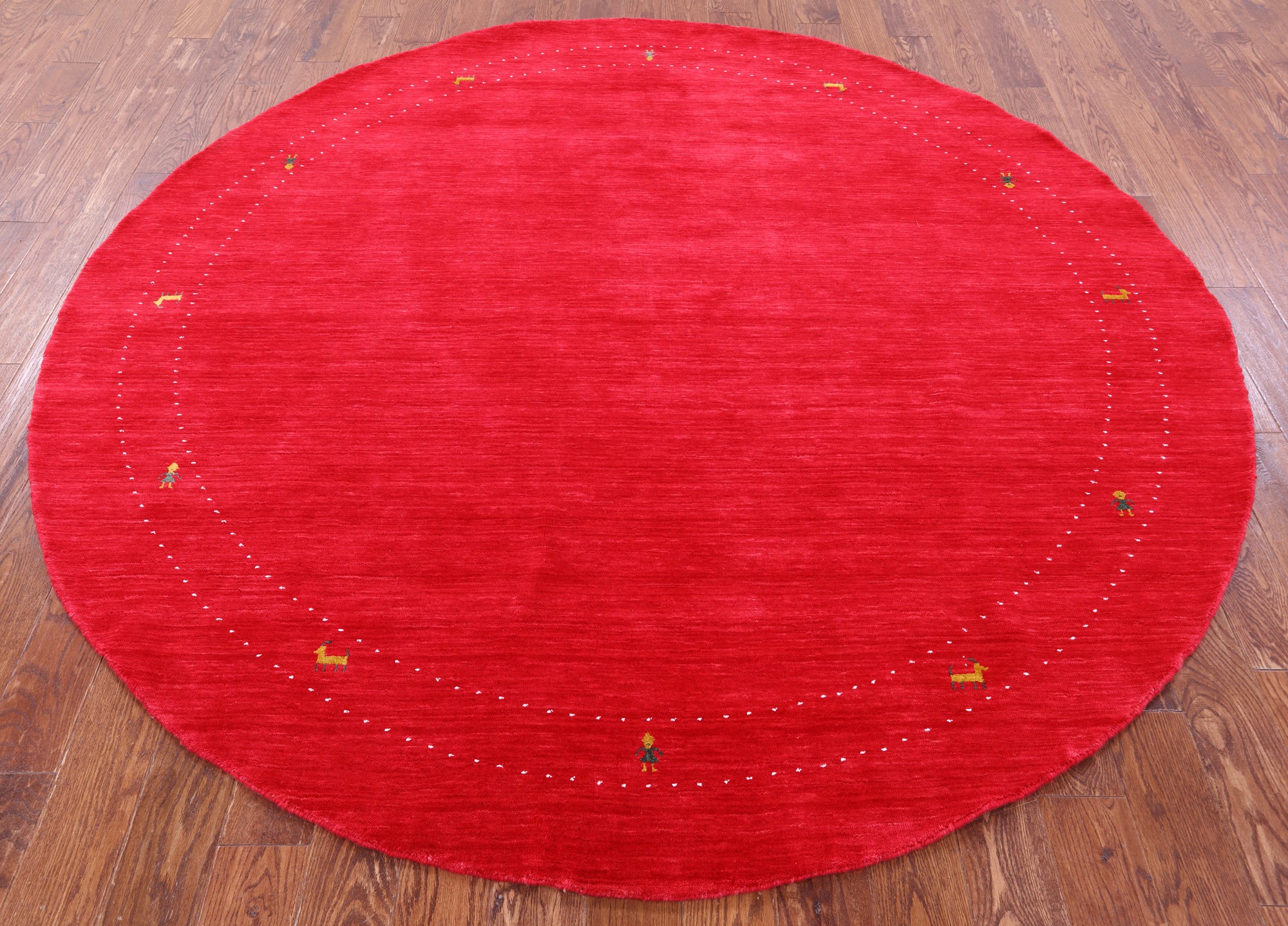 Red Round Persian Gabbeh Hand Knotted Wool Rug - 8' 0" X 8' 0" - Golden Nile