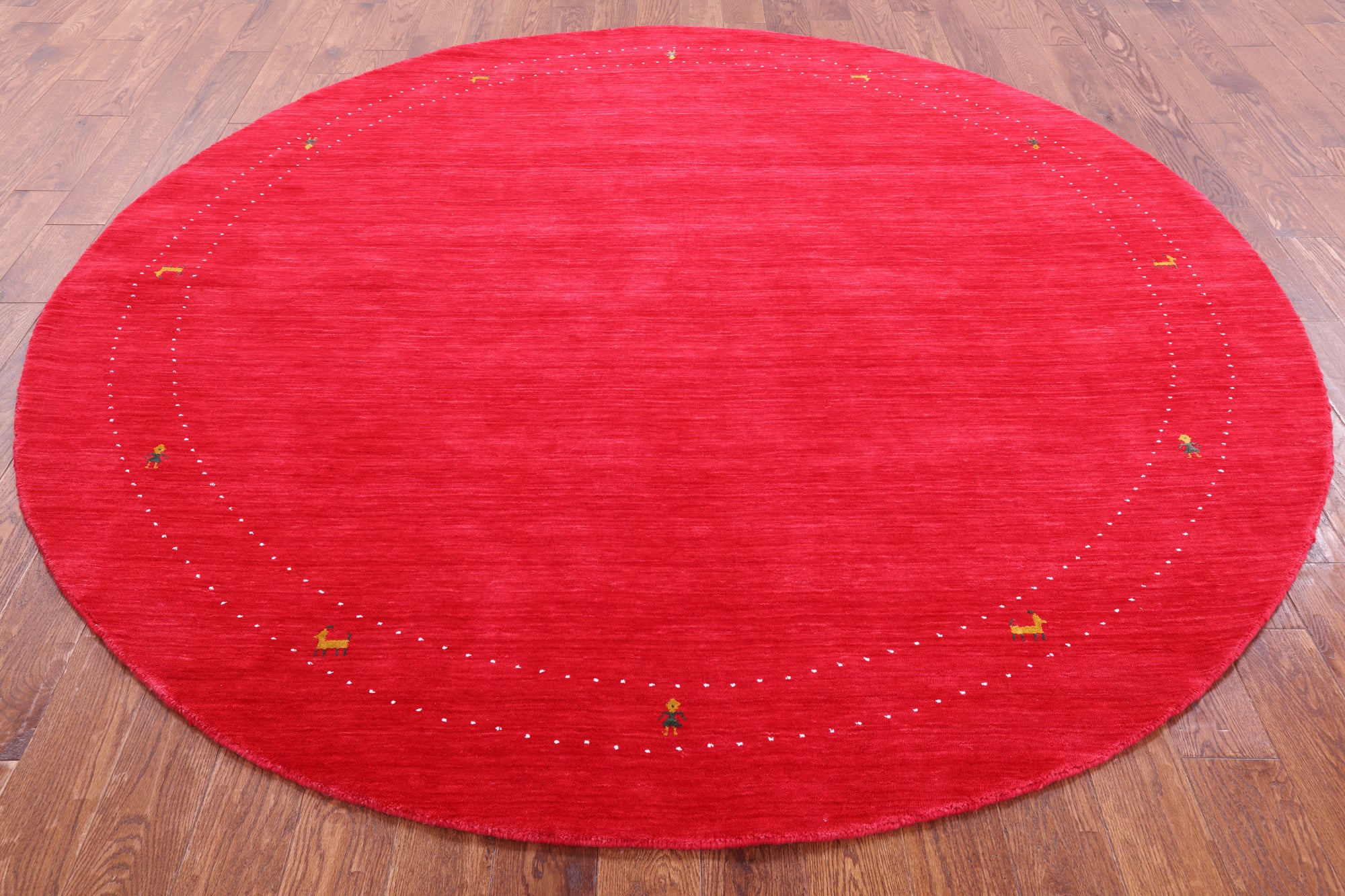 Red Round Persian Gabbeh Hand Knotted Wool Rug - 8' 0" X 8' 0" - Golden Nile