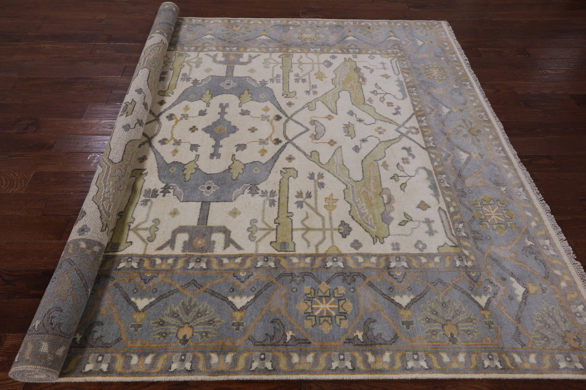 Ivory Turkish Oushak Hand Knotted Wool Area Rug - 8' 0" X 9' 9" - Golden Nile