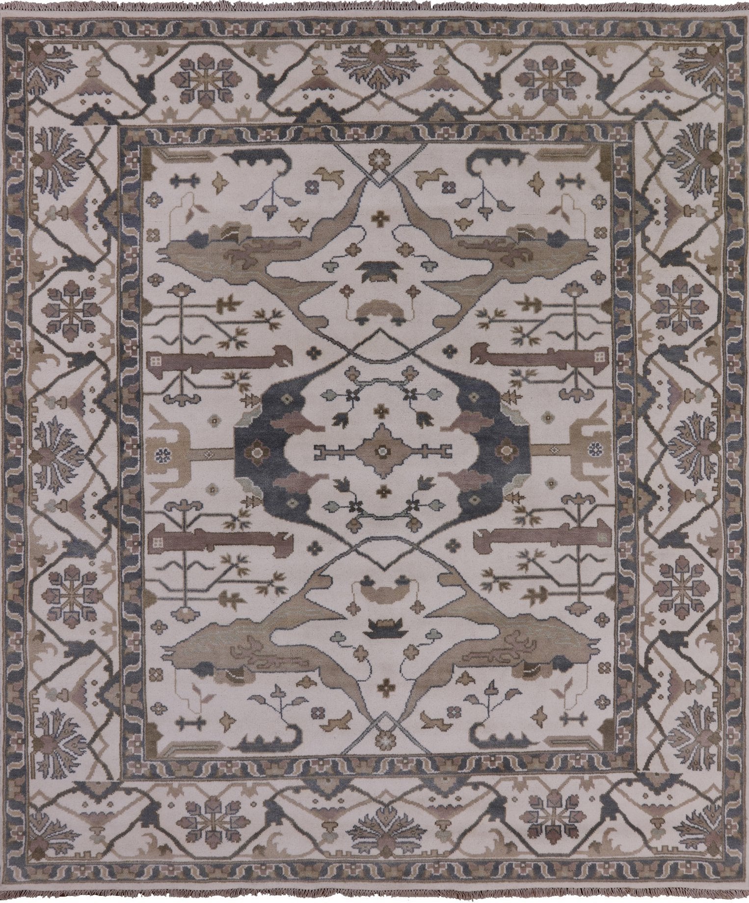 Ivory Turkish Oushak Hand Knotted Wool Area Rug - 8' 3" X 9' 9" - Golden Nile