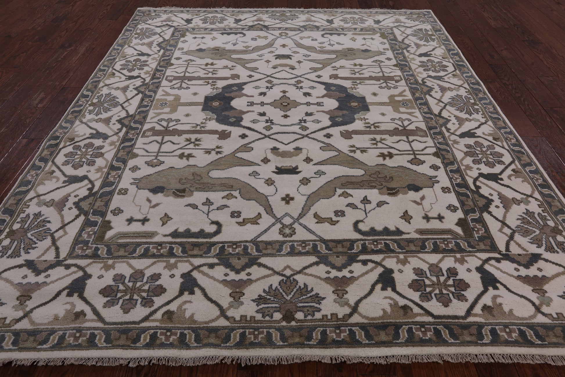 Ivory Turkish Oushak Hand Knotted Wool Area Rug - 8' 3" X 9' 9" - Golden Nile
