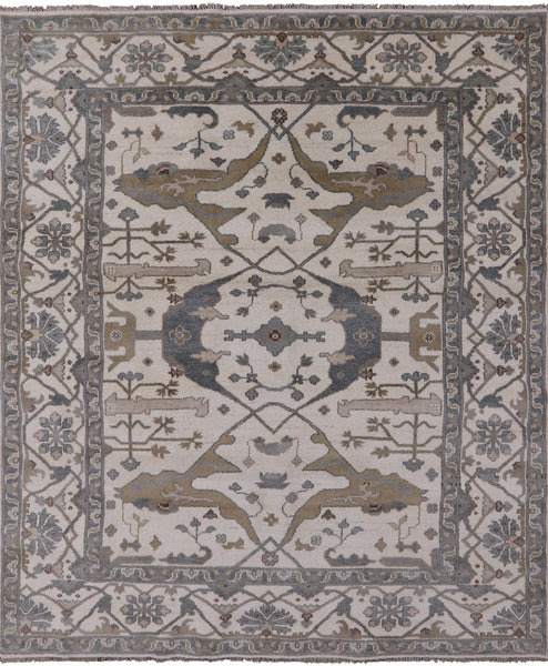 Ivory Turkish Oushak Hand Knotted Wool Area Rug - 8' 1" X 9' 9" - Golden Nile
