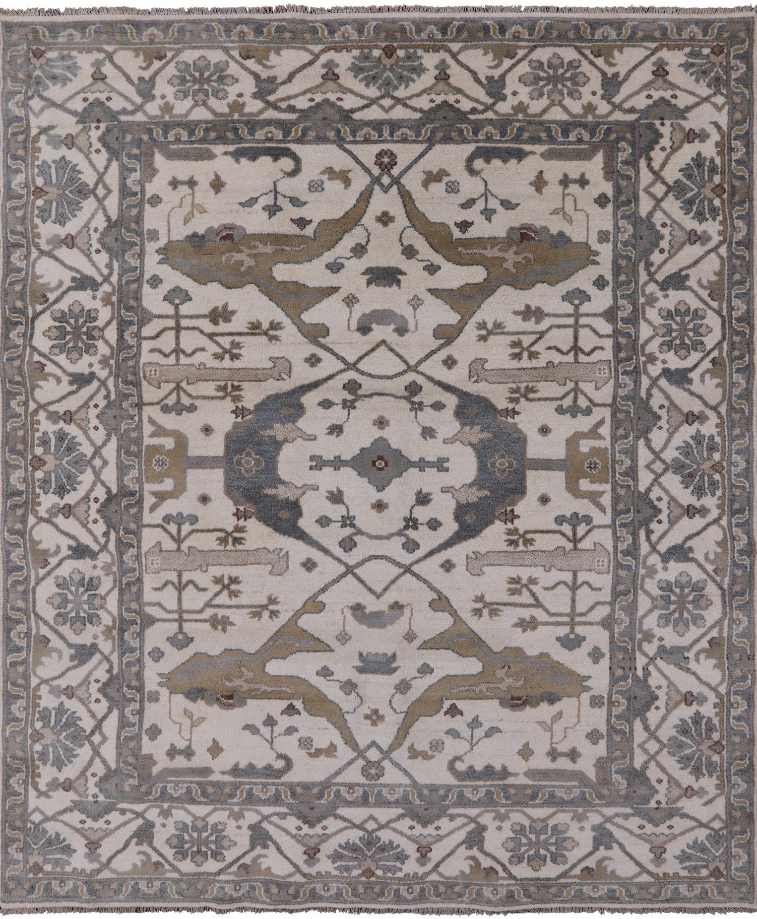 Ivory Turkish Oushak Hand Knotted Wool Area Rug - 8' 1" X 9' 9" - Golden Nile