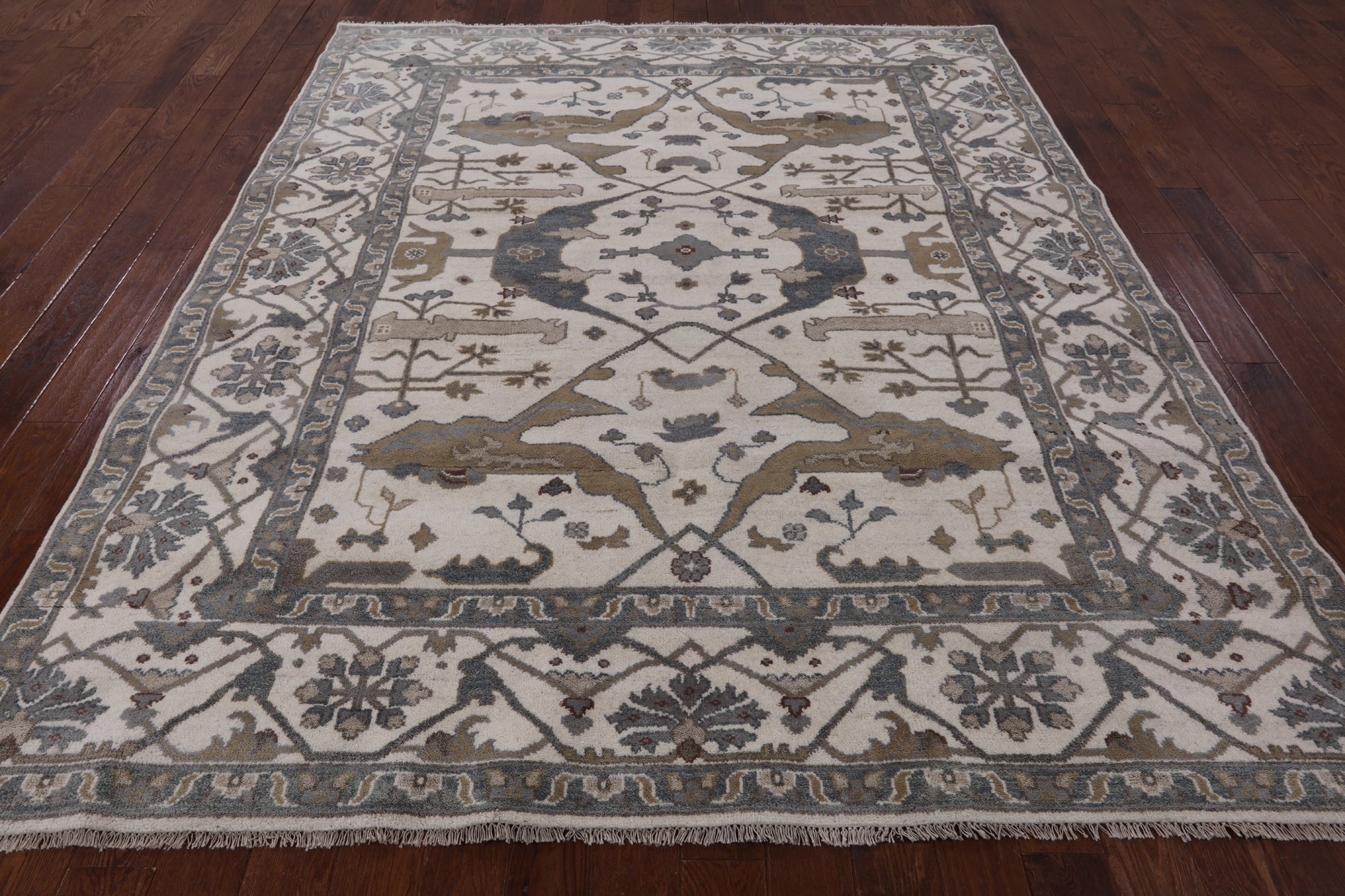 Ivory Turkish Oushak Hand Knotted Wool Area Rug - 8' 1" X 9' 9" - Golden Nile