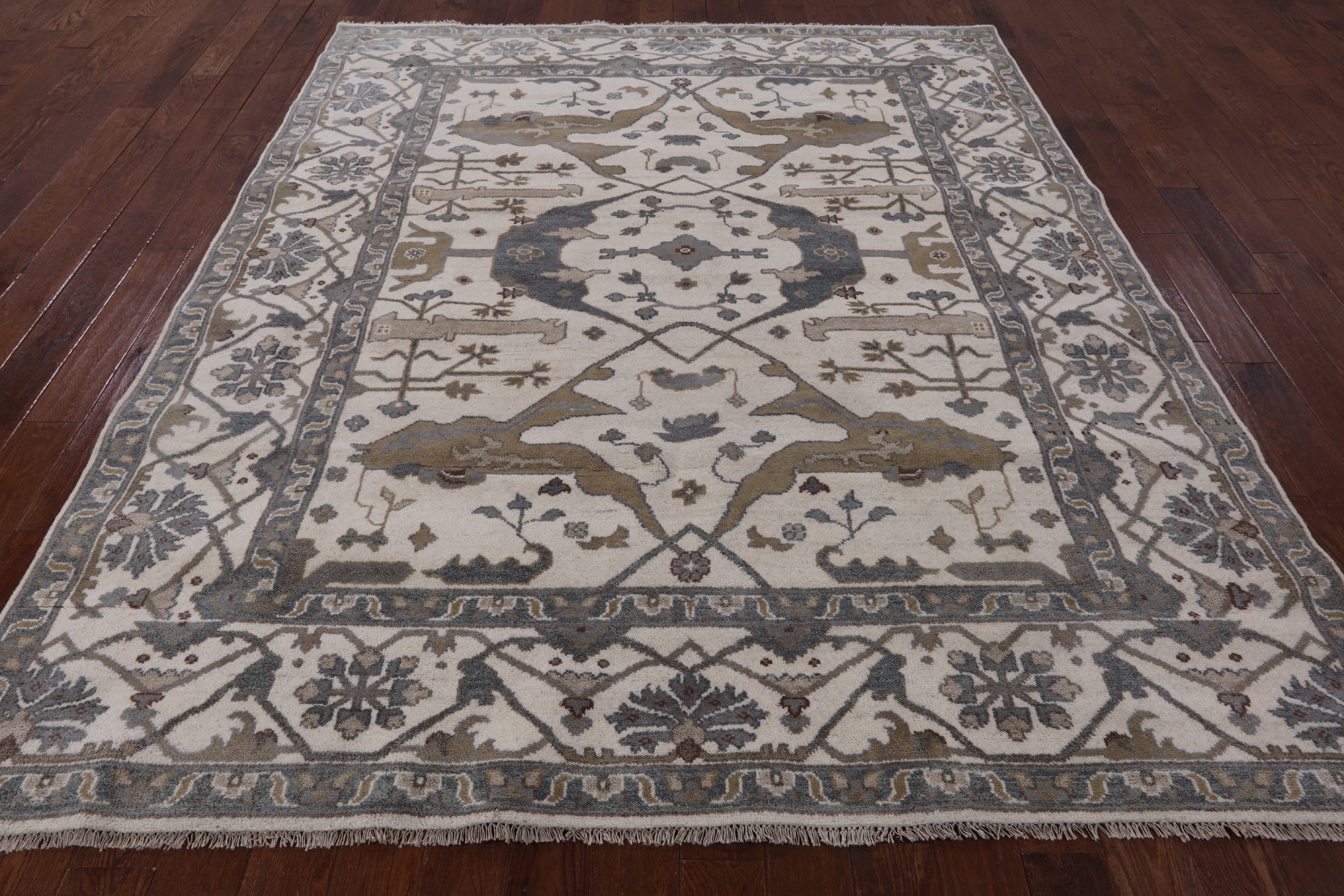 Ivory Turkish Oushak Hand Knotted Wool Area Rug - 8' 1" X 9' 9" - Golden Nile