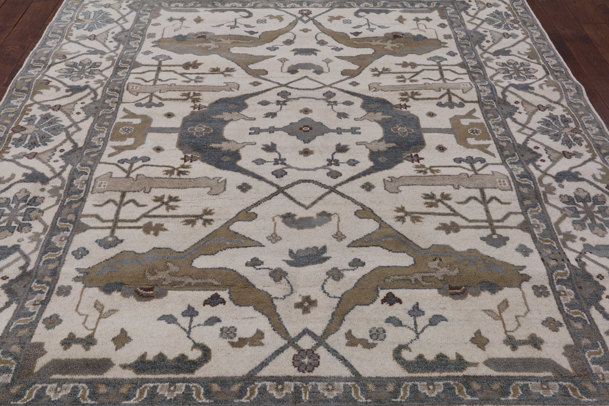 Ivory Turkish Oushak Hand Knotted Wool Area Rug - 8' 1" X 9' 9" - Golden Nile