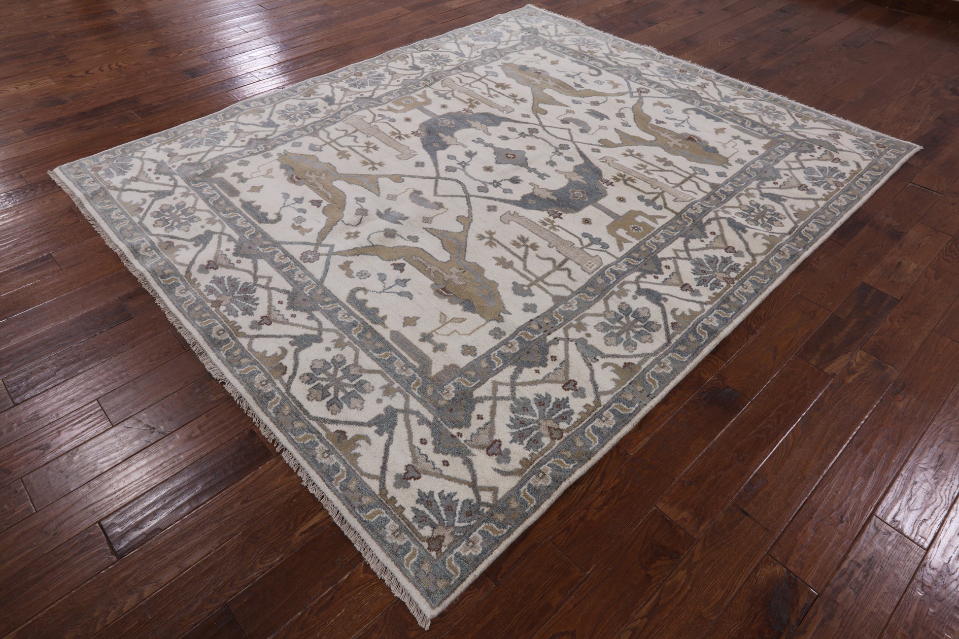 Ivory Turkish Oushak Hand Knotted Wool Area Rug - 8' 1" X 9' 9" - Golden Nile