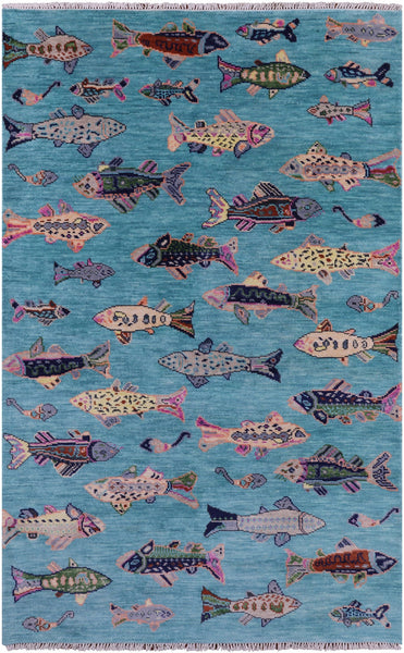 Blue Fish Design Persian Gabbeh Hand Knotted Wool Rug - 5' 1" X 8' 2" - Golden Nile