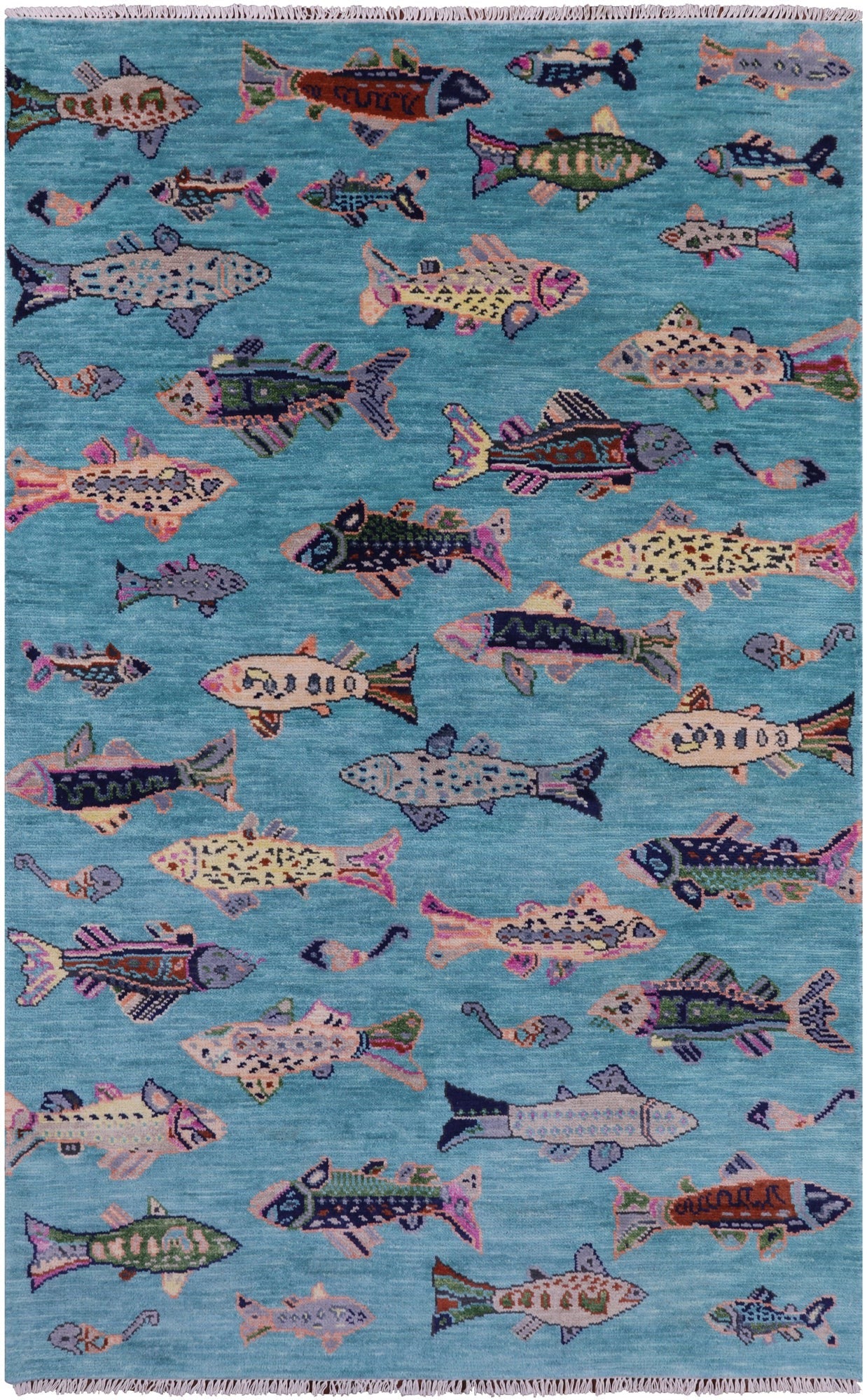 Blue Fish Design Persian Gabbeh Hand Knotted Wool Rug - 5' 1" X 8' 2" - Golden Nile