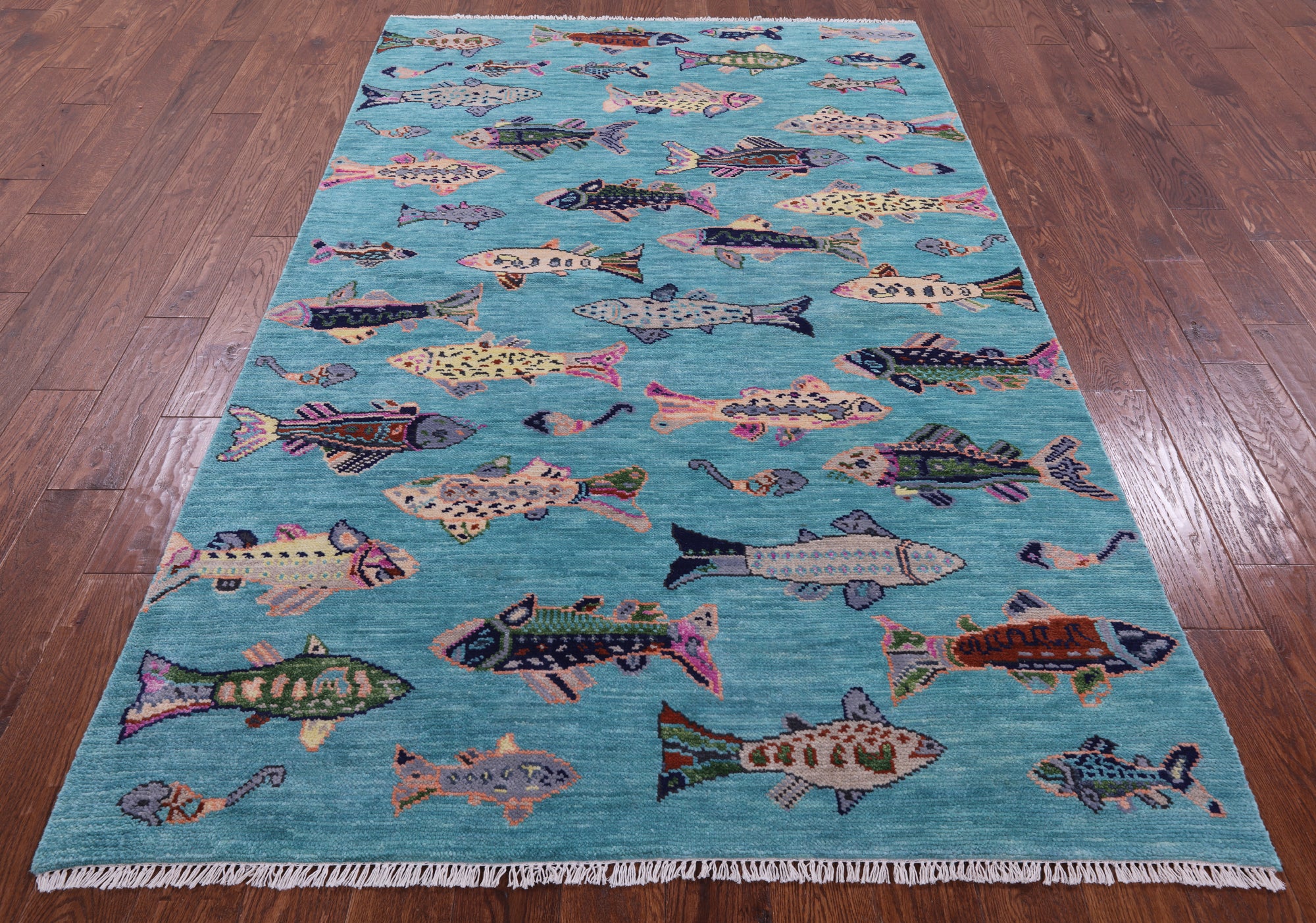 Blue Fish Design Persian Gabbeh Hand Knotted Wool Rug - 5' 1" X 8' 2" - Golden Nile