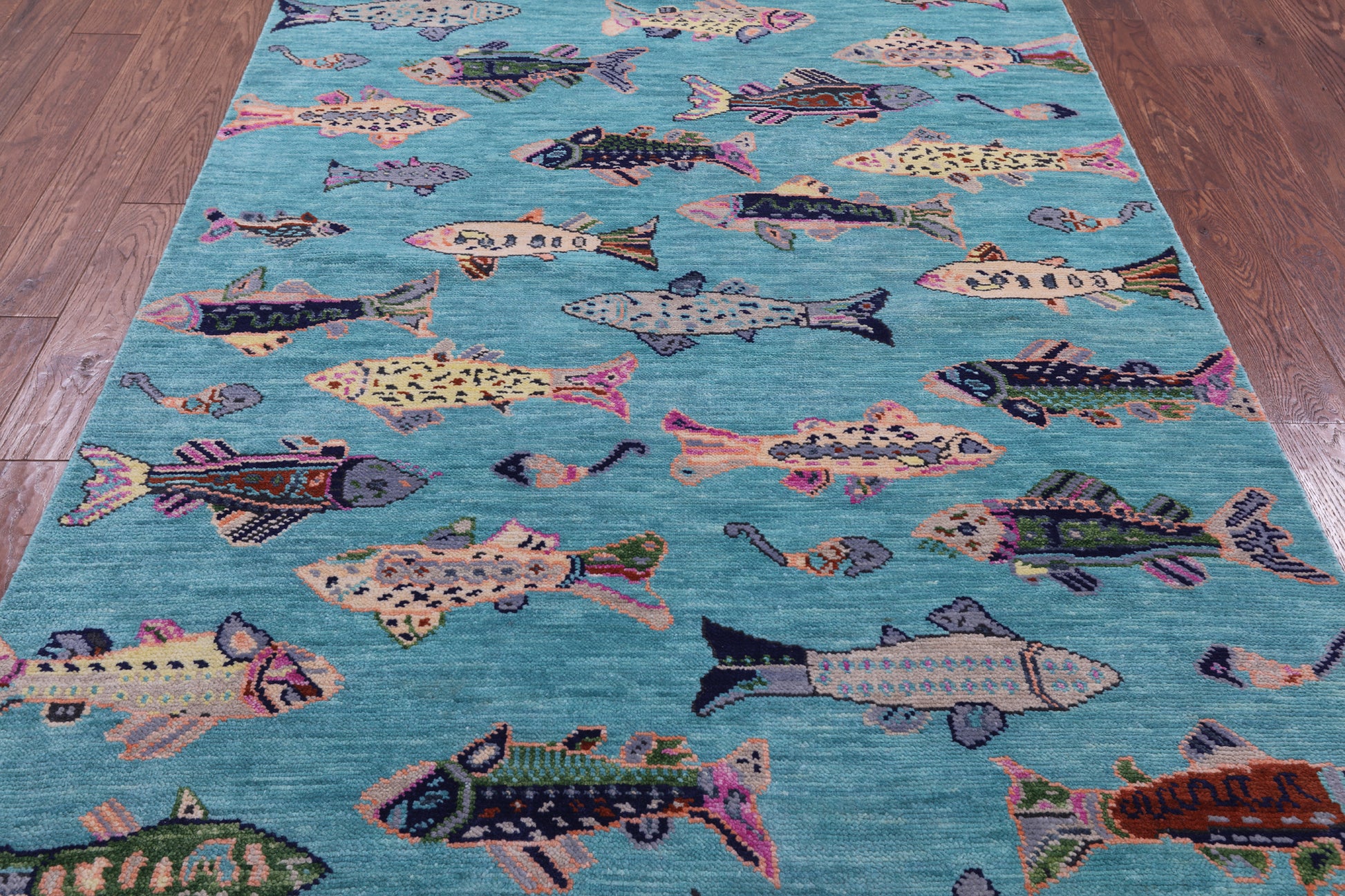 Blue Fish Design Persian Gabbeh Hand Knotted Wool Rug - 5' 1" X 8' 2" - Golden Nile