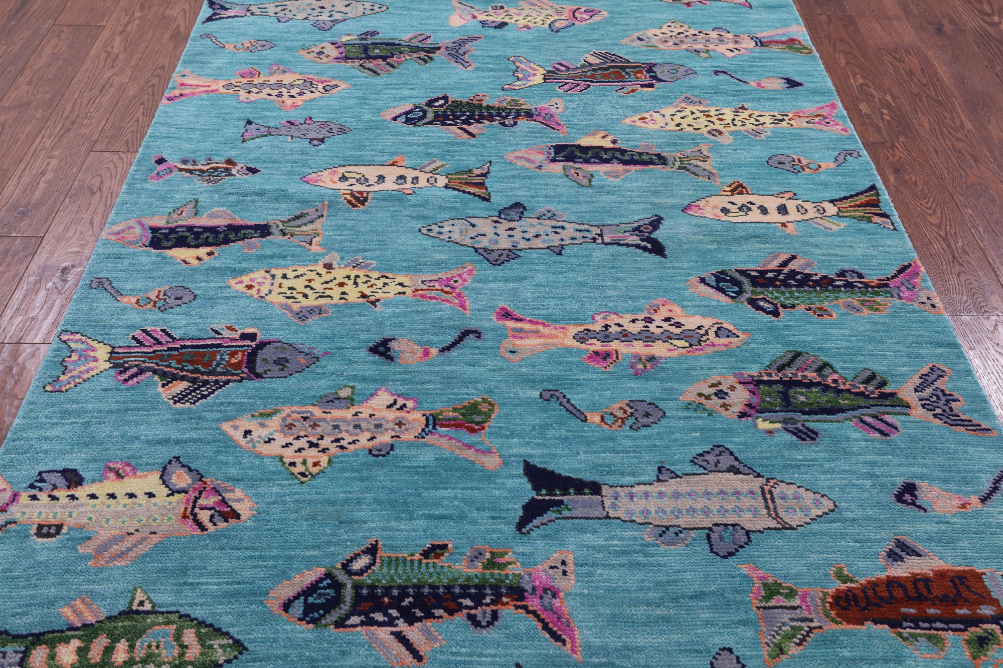 Blue Fish Design Persian Gabbeh Hand Knotted Wool Rug - 5' 1" X 8' 2" - Golden Nile