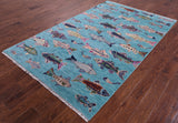 Blue Fish Design Persian Gabbeh Hand Knotted Wool Rug - 5' 1" X 8' 2" - Golden Nile