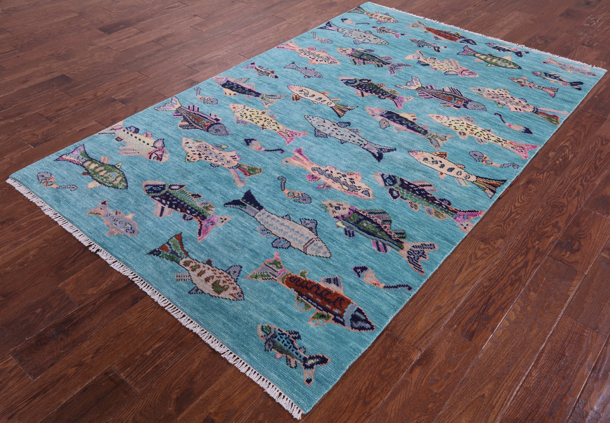Blue Fish Design Persian Gabbeh Hand Knotted Wool Rug - 5' 1" X 8' 2" - Golden Nile