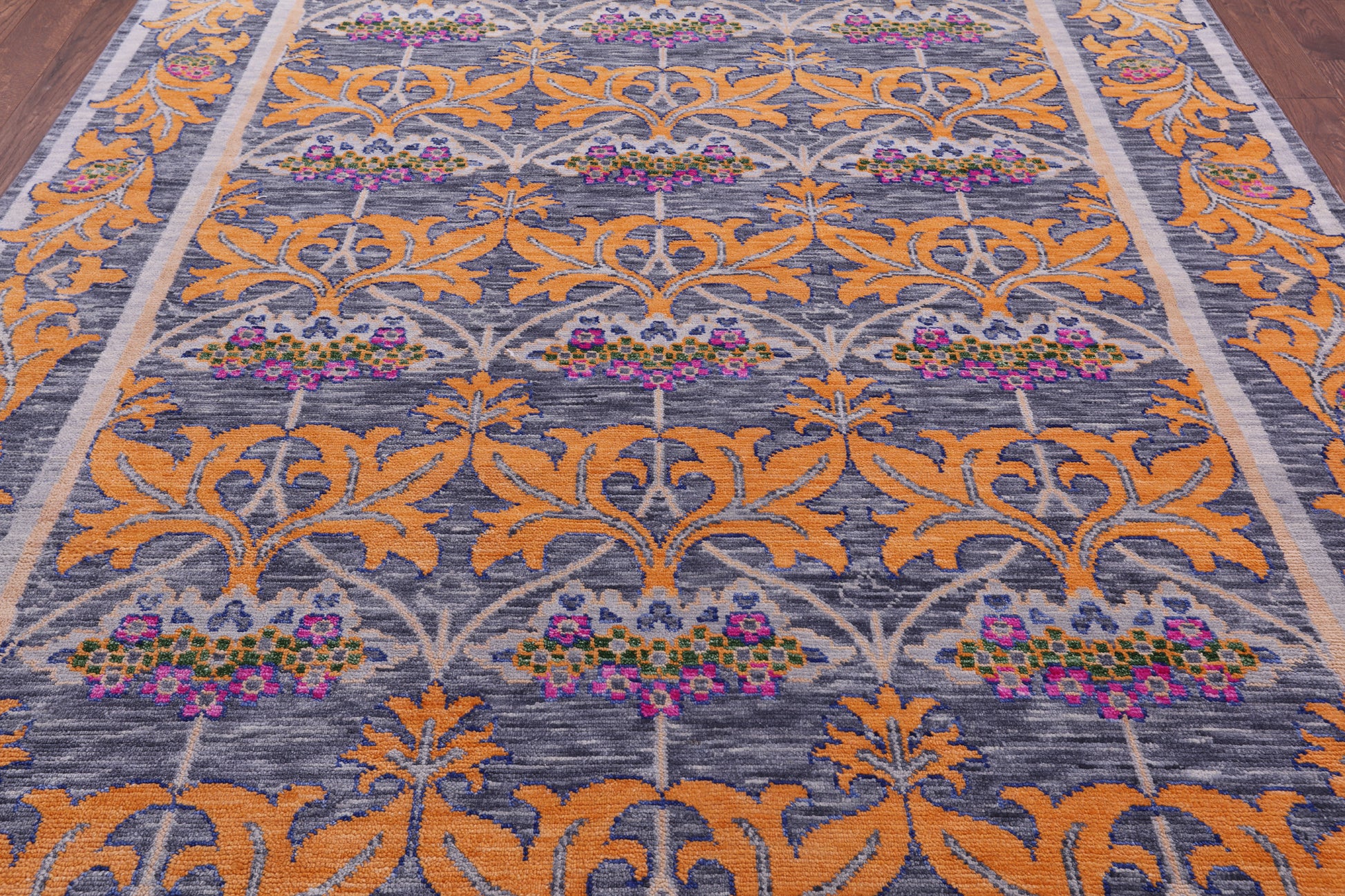 Grey William Morris Hand Knotted Wool Rug - 8' 0" X 10' 3" - Golden Nile