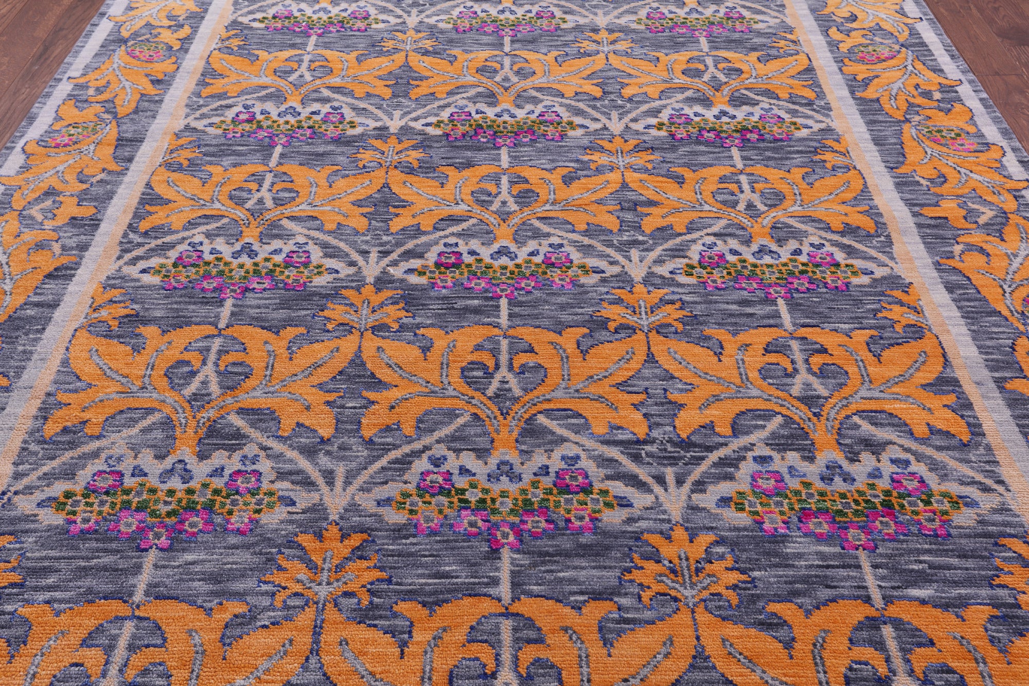 Grey William Morris Hand Knotted Wool Rug - 8' 0" X 10' 3" - Golden Nile