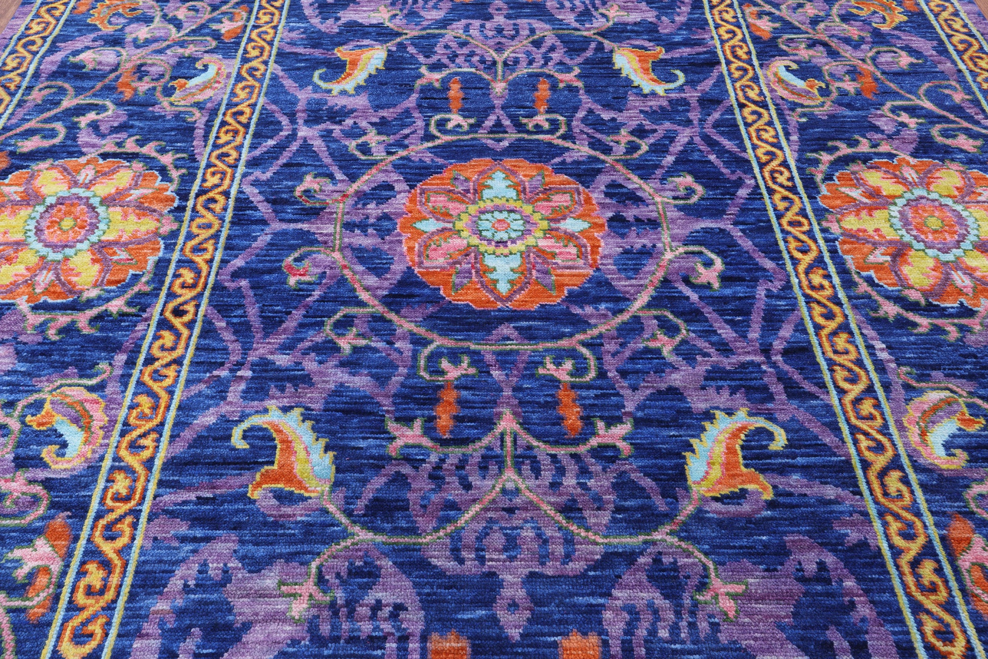 Blue William Morris Hand Knotted Wool Rug - 8' 0" X 10' 3" - Golden Nile