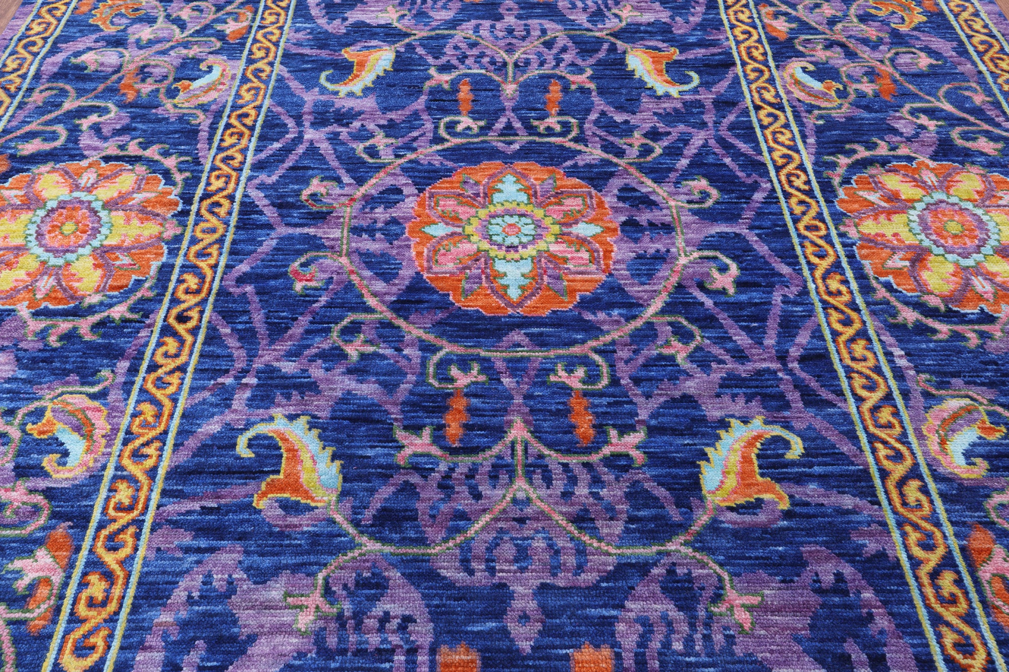 Blue William Morris Hand Knotted Wool Rug - 8' 0" X 10' 3" - Golden Nile