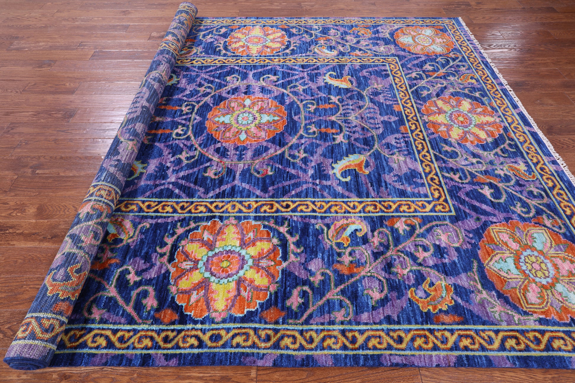 Blue William Morris Hand Knotted Wool Rug - 8' 0" X 10' 3" - Golden Nile