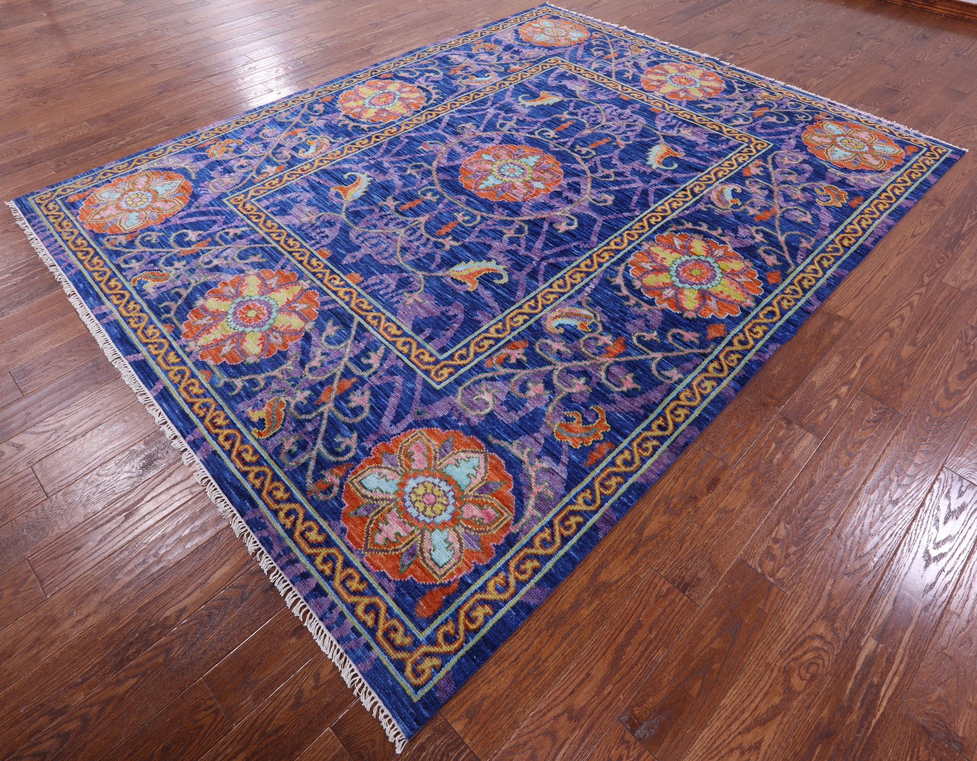 Blue William Morris Hand Knotted Wool Rug - 8' 0" X 10' 3" - Golden Nile
