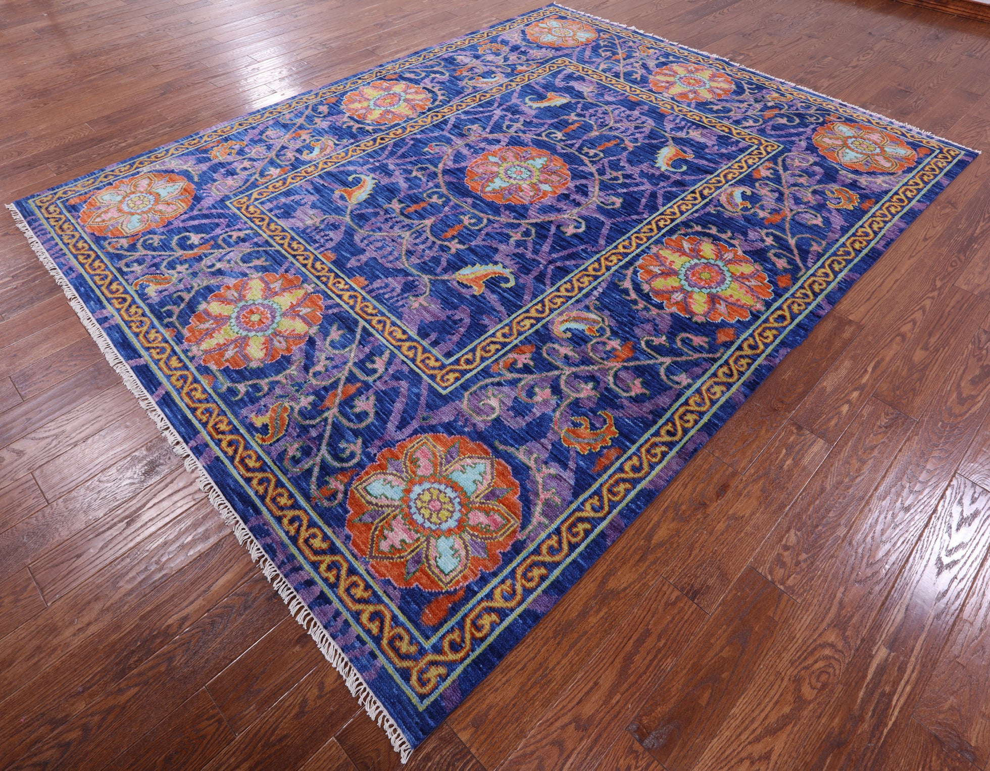 Blue William Morris Hand Knotted Wool Rug - 8' 0" X 10' 3" - Golden Nile