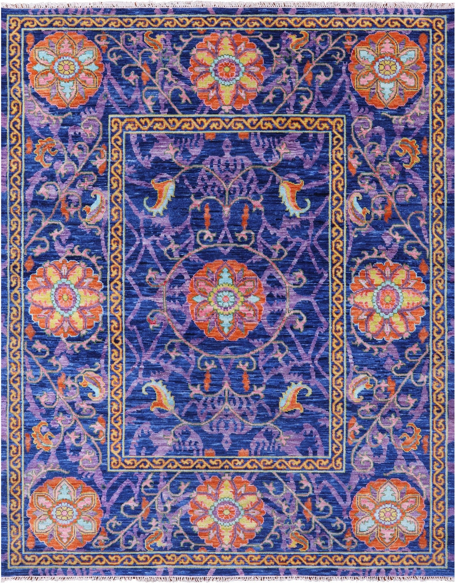 Blue William Morris Hand Knotted Wool Rug - 8' 0" X 10' 3" - Golden Nile