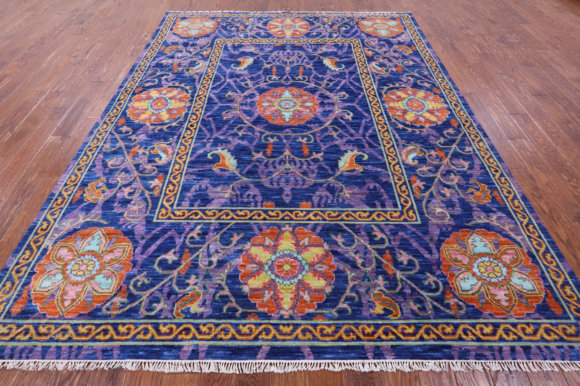 Blue William Morris Hand Knotted Wool Rug - 8' 0" X 10' 3" - Golden Nile