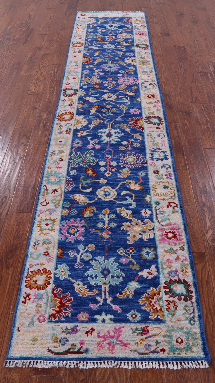Blue Turkish Oushak Hand Knotted Wool Runner Rug - 2' 8" X 12' 2" - Golden Nile